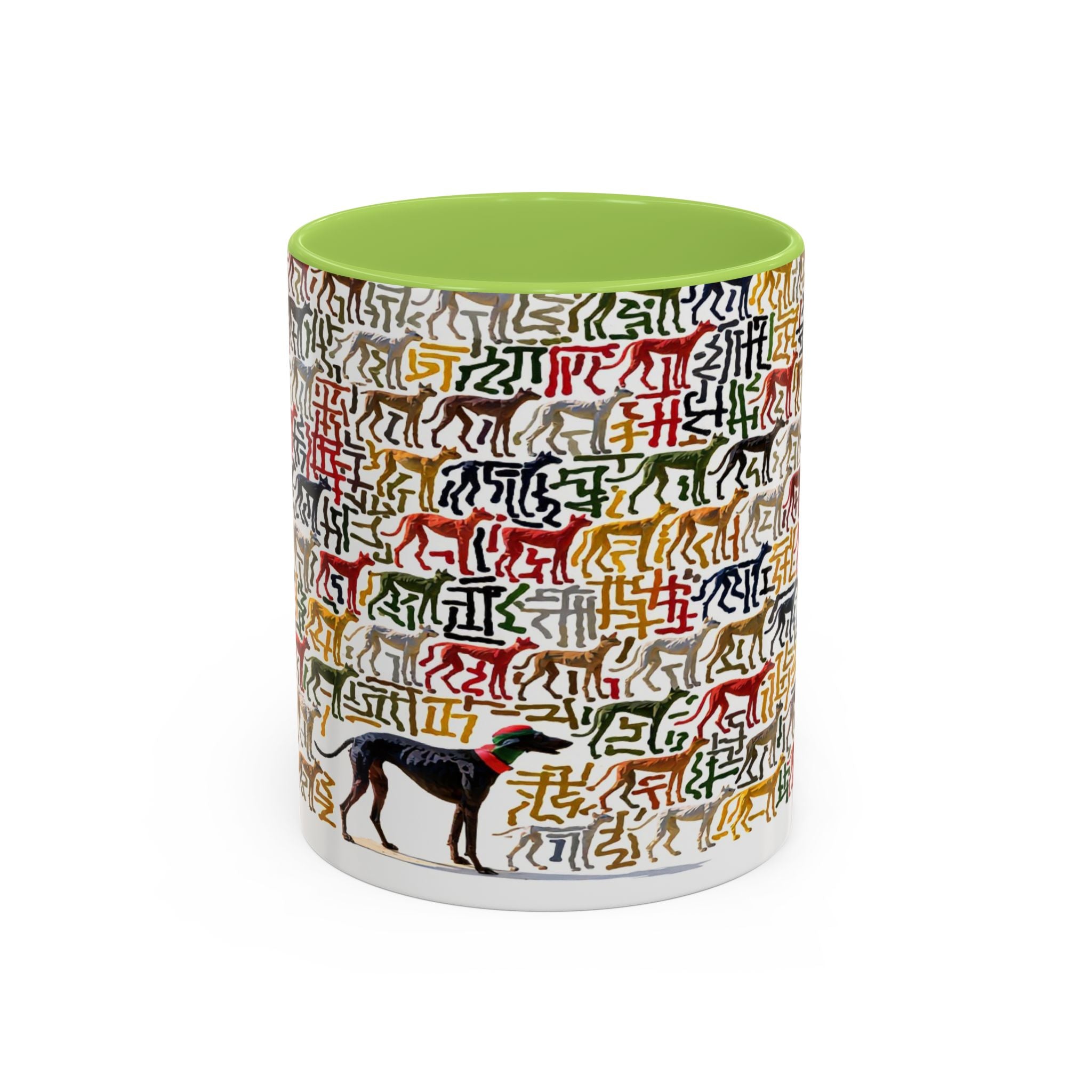 Greyhound Silhouette Accent Coffee Mug — Colorful Script Dog Pattern (11/15oz)