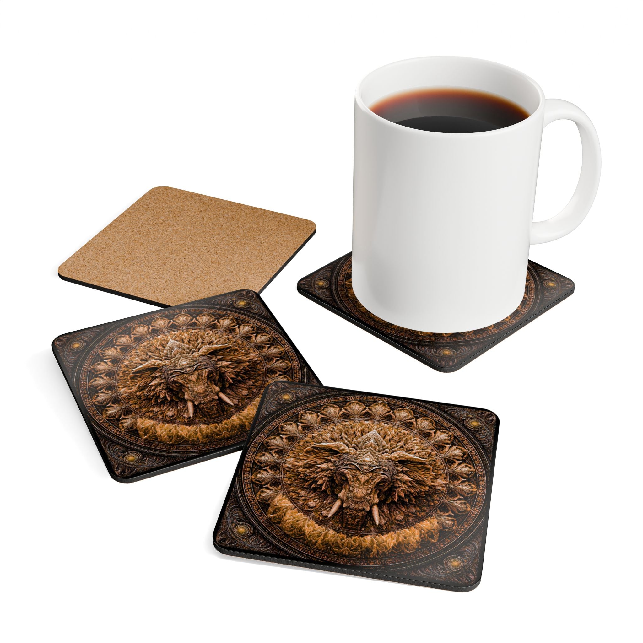 Lion Mandala Cork Coasters — Set of 4 Decorative Drink Coasters