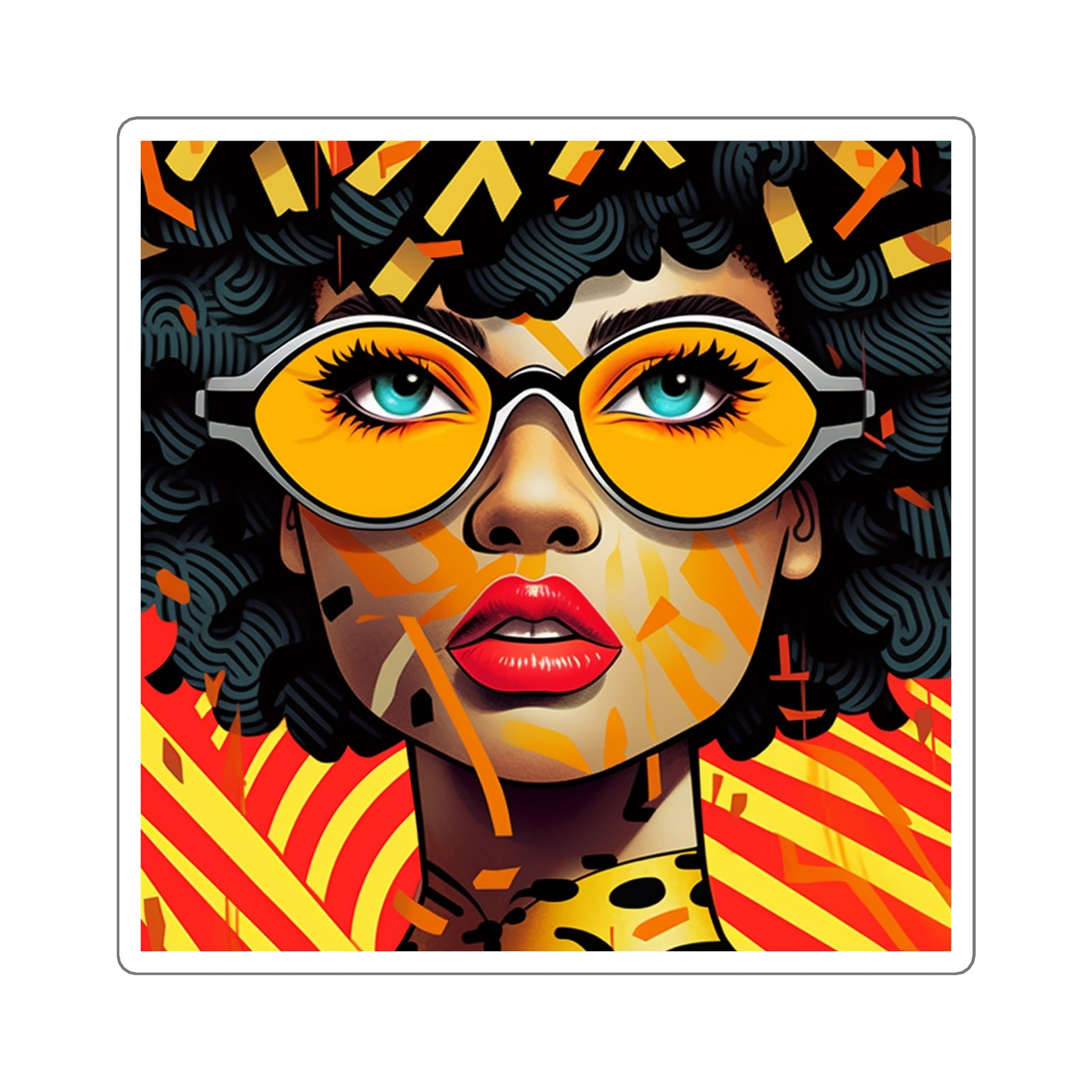 Afro Pop Art Square Sticker — Retro Sunglasses Woman, Bold Colorful Laptop Decal