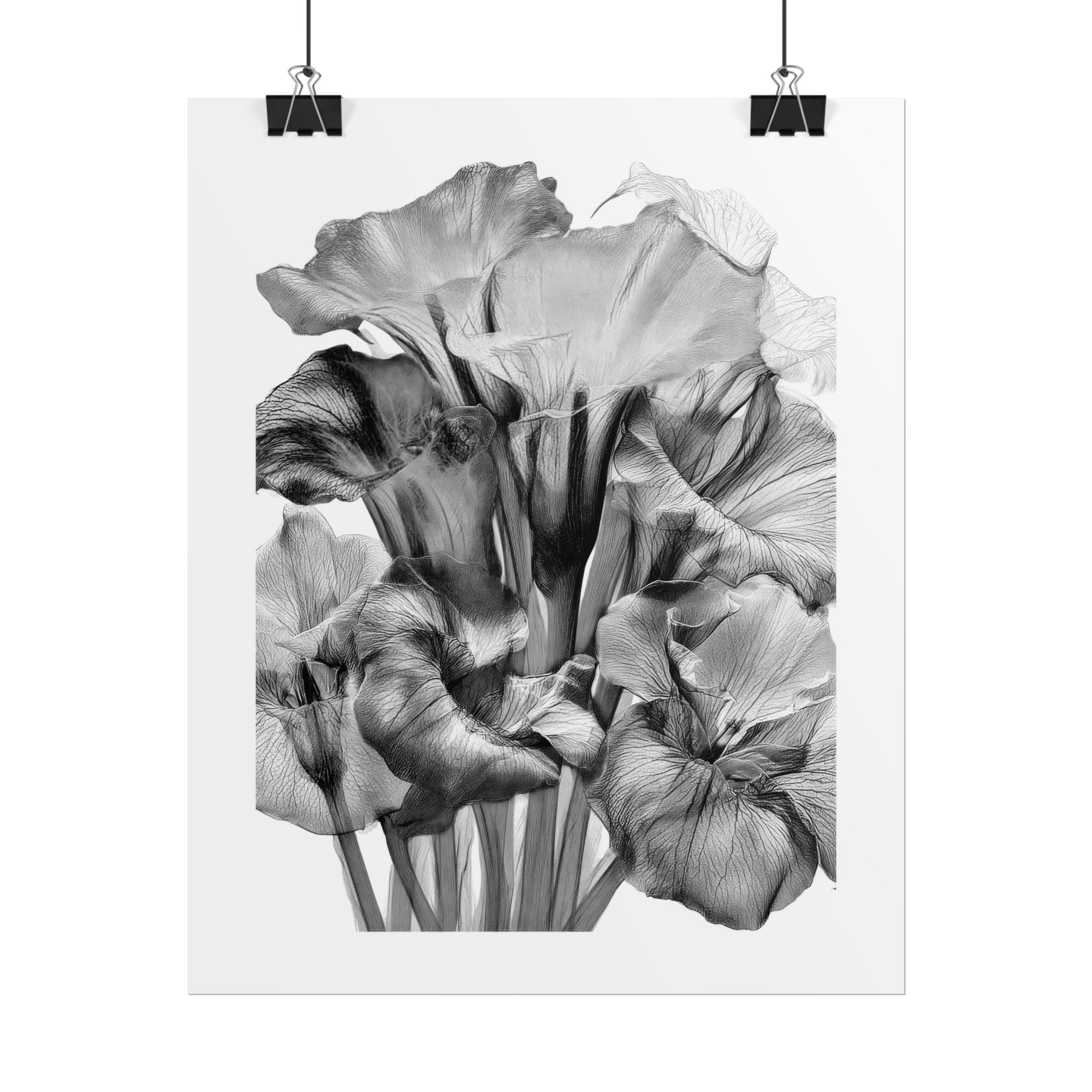 Black & White Iris Botanical Poster — Monochrome Floral Wall Art (Rolled Poster)