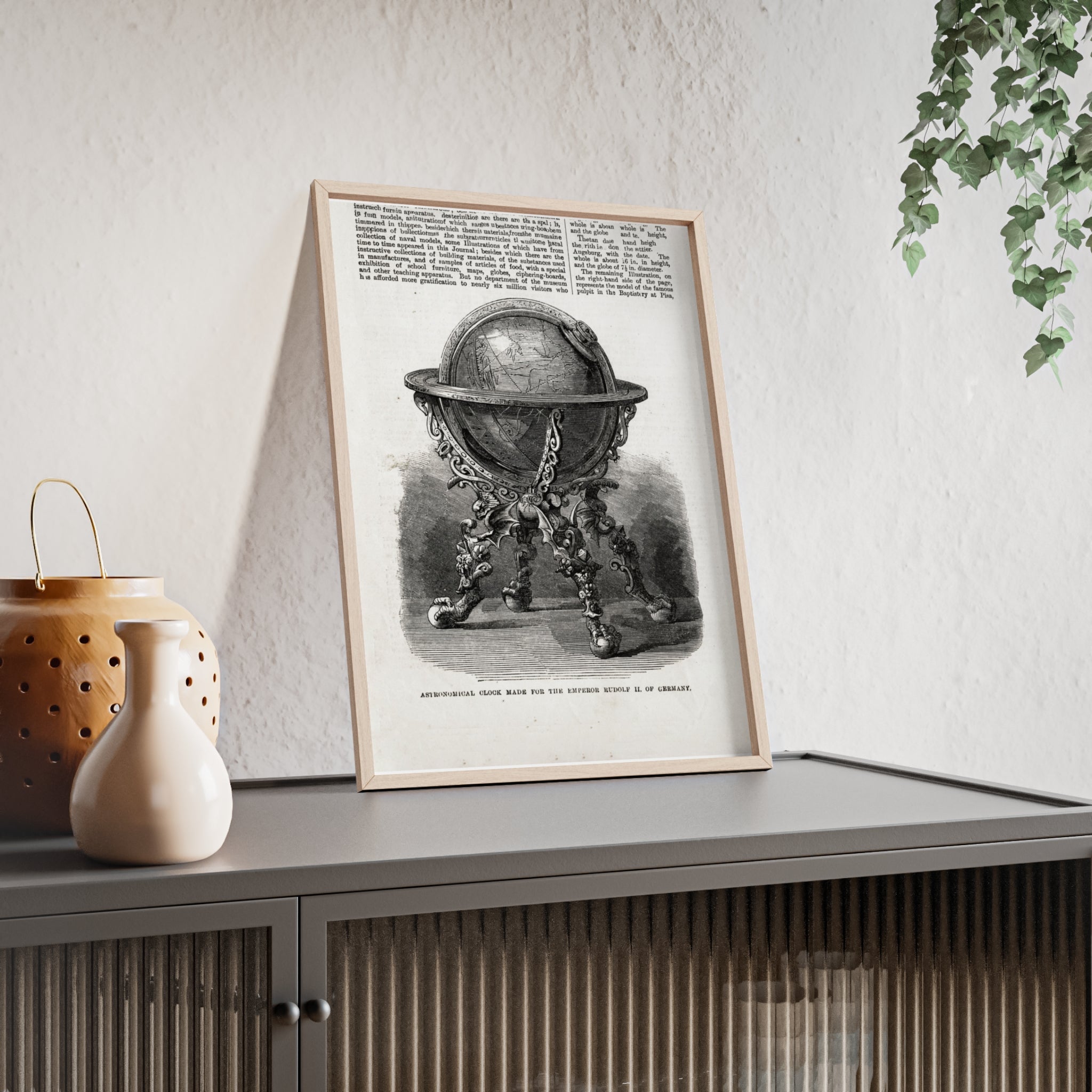 Astronomical Clock made for the Emperor RUDOLPH II, of Germany. Vintage Globe Illustration Poster with Wooden Frame — Antique Map Print