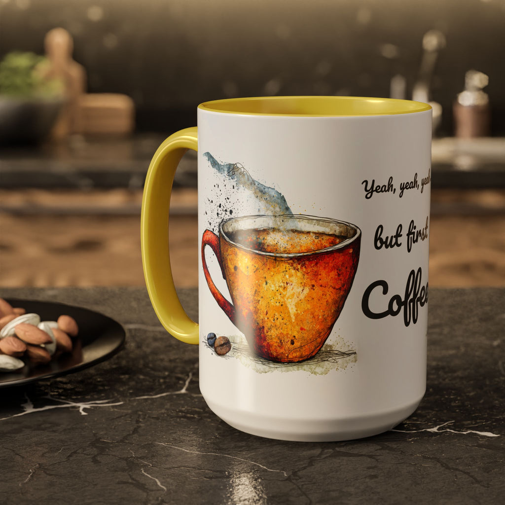 But First Coffee Ceramic Mug — Colorful Watercolor Coffee Cups (11oz & 15oz)