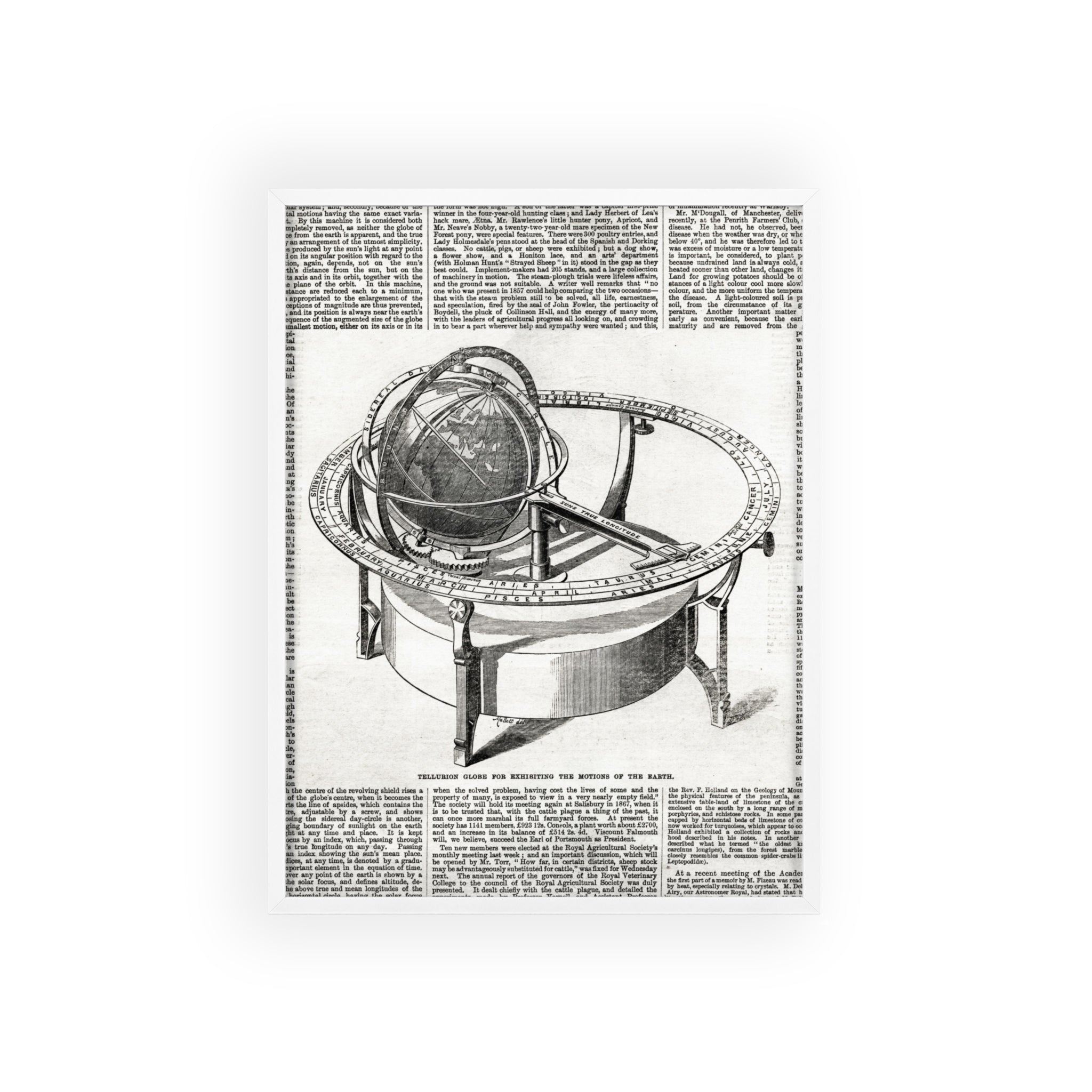 TELLURION GLOBE for Exhibiting the Motions of the Earth. Vintage Celestial Globe Poster with Wooden Frame — Antique Astronomy Wall Art