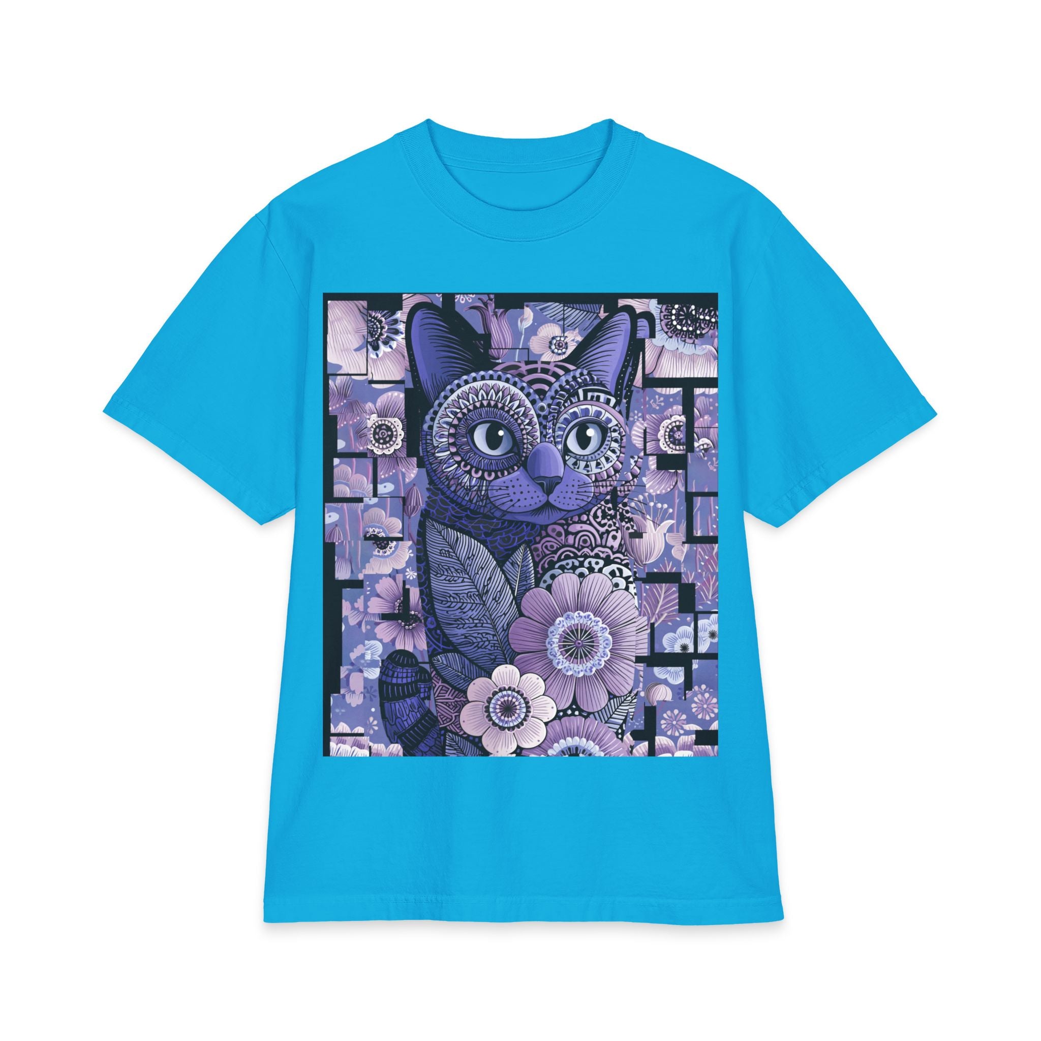 Cat Floral Art T-Shirt — Purple Mosaic Kitty Tee