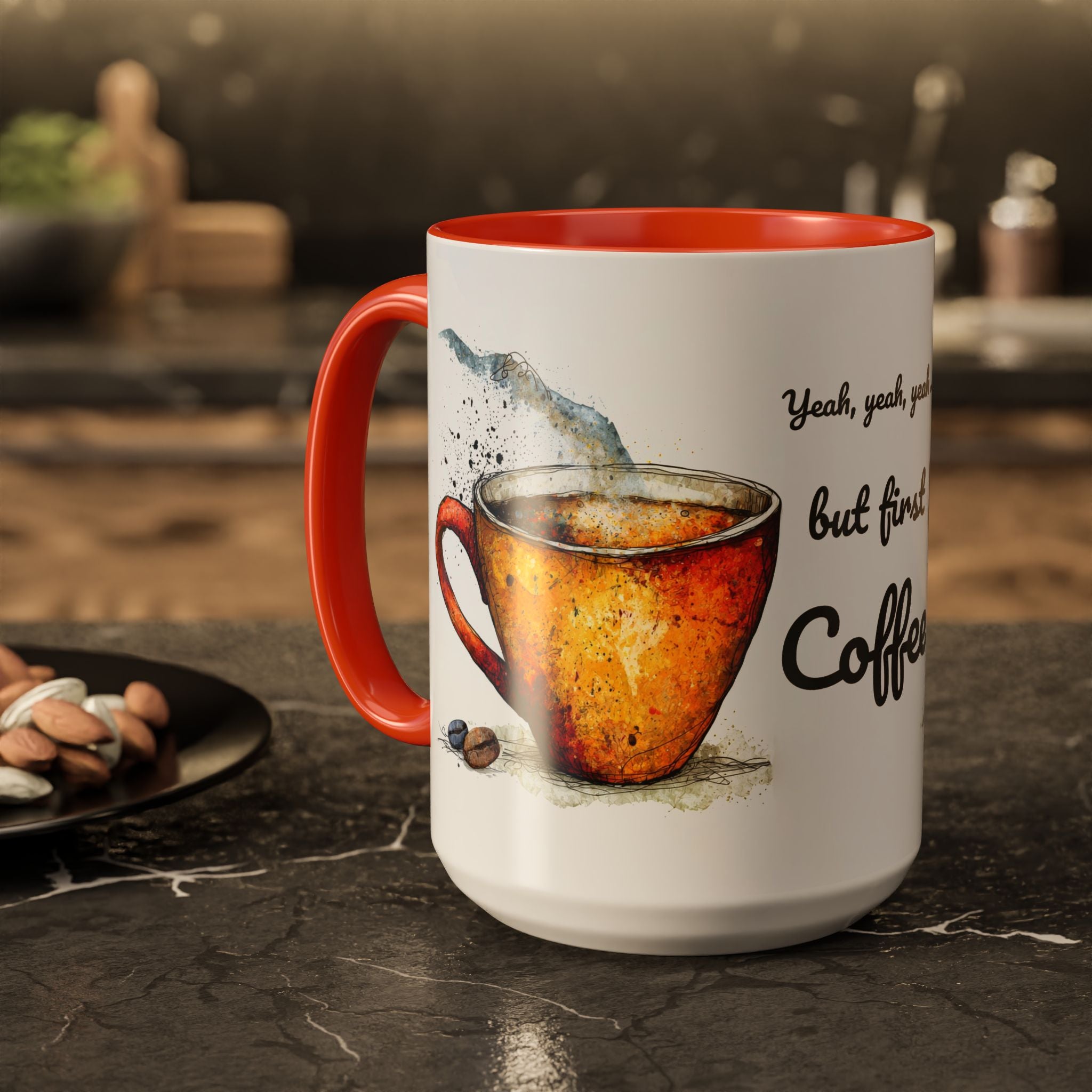 But First Coffee Ceramic Mug — Colorful Watercolor Coffee Cups (11oz & 15oz)
