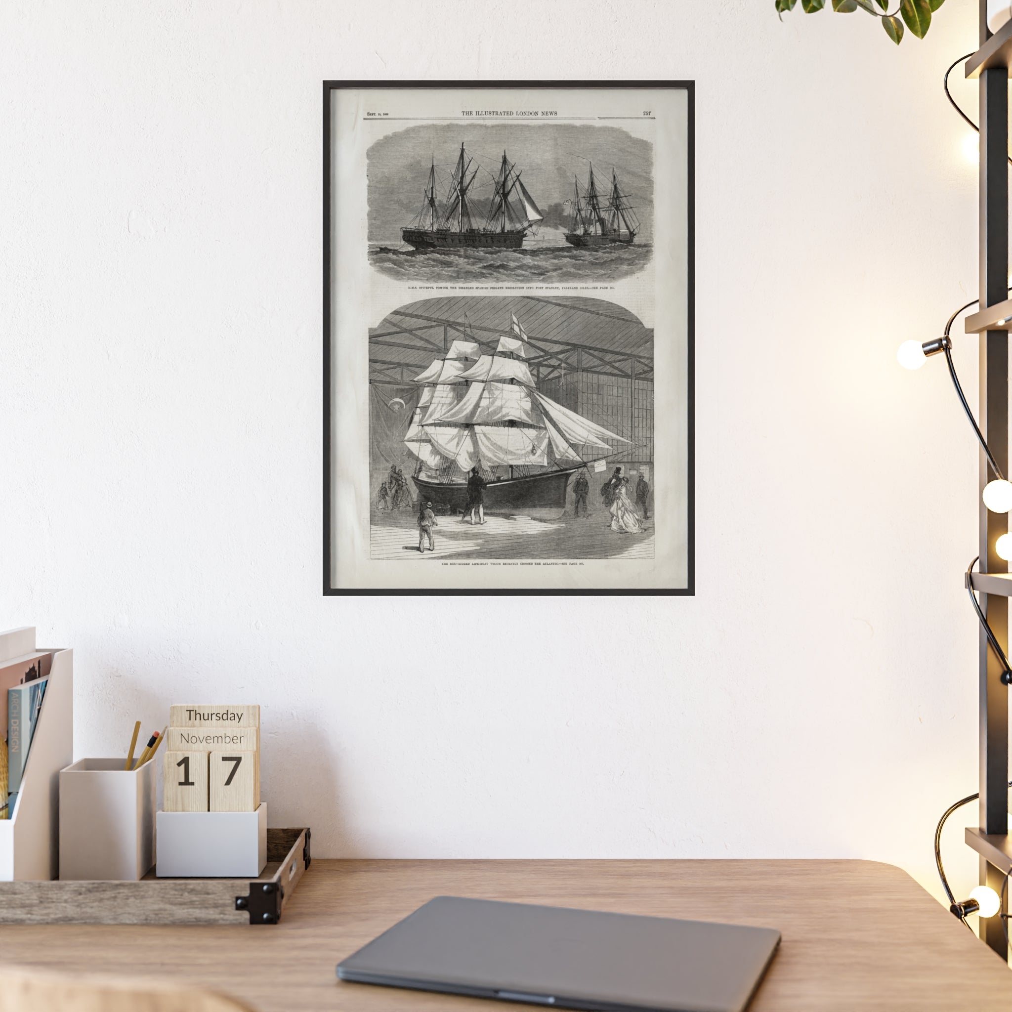 Vintage Nautical Ship Poster with Wooden Frame – Antique Sailing Print Wall Art