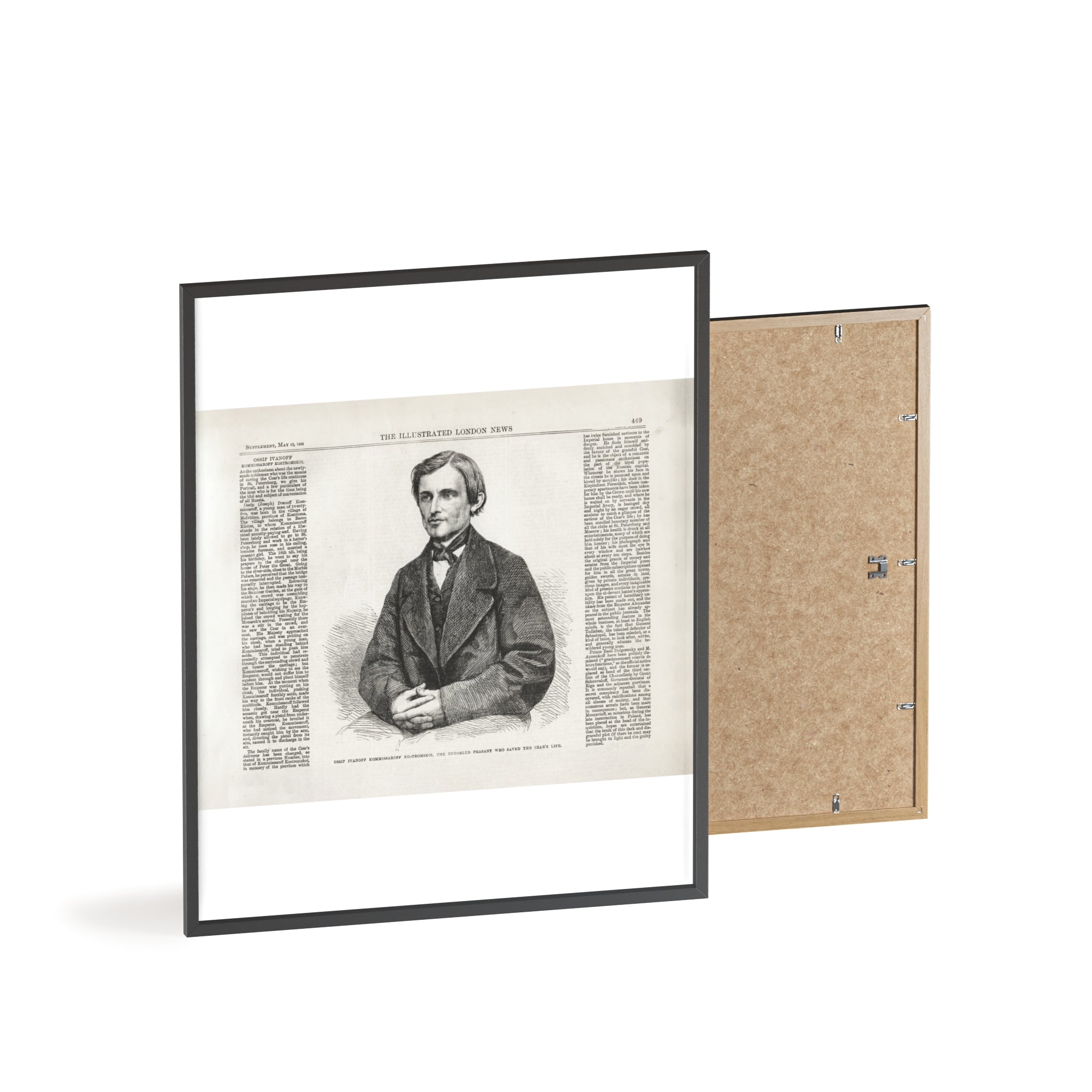 OSSIP IVANOFF, the peasant who saved the CZAR's Life. Vintage Illustrated Portrait Poster with Wooden Frame — Antique Newspaper Art Print