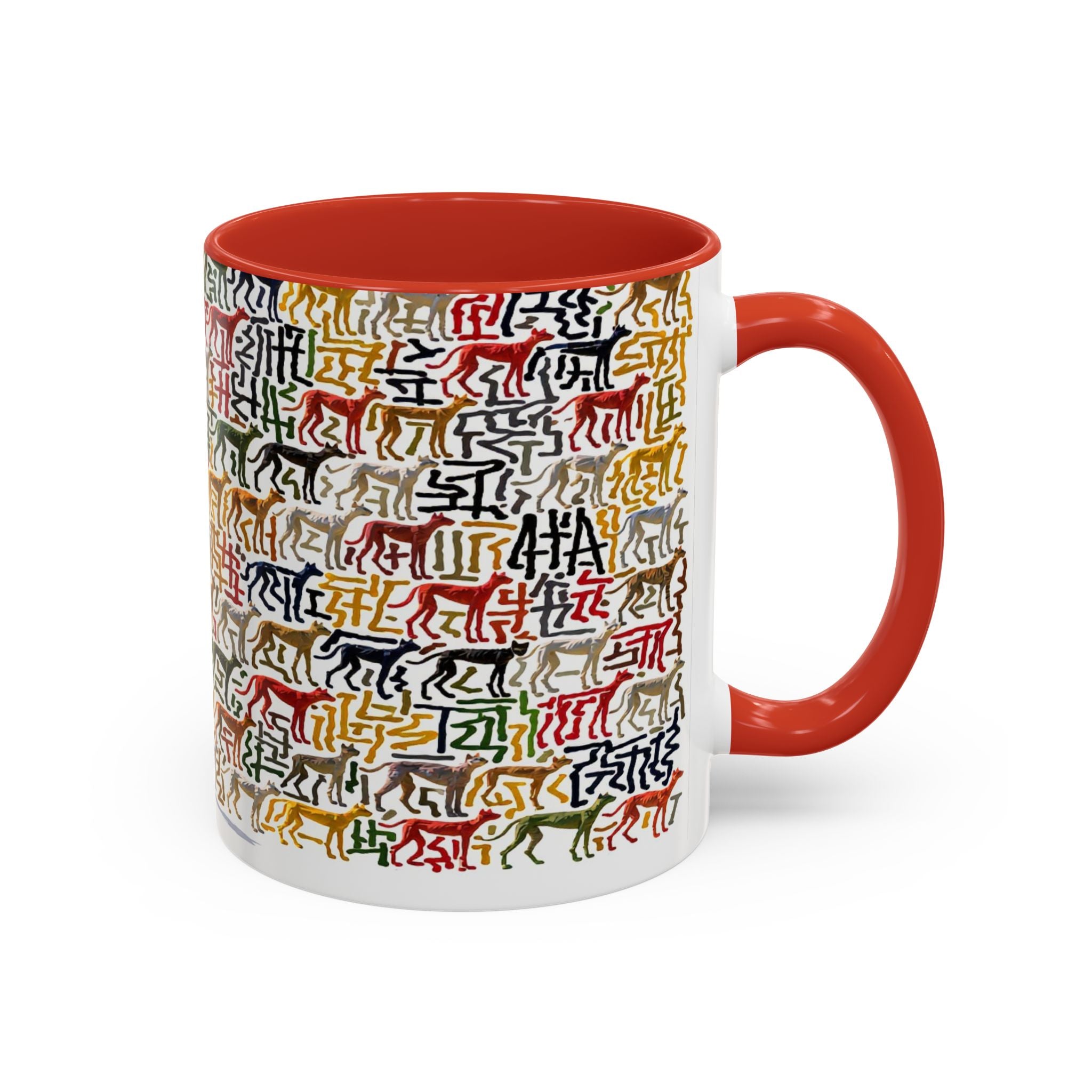 Greyhound Silhouette Accent Coffee Mug — Colorful Script Dog Pattern (11/15oz)