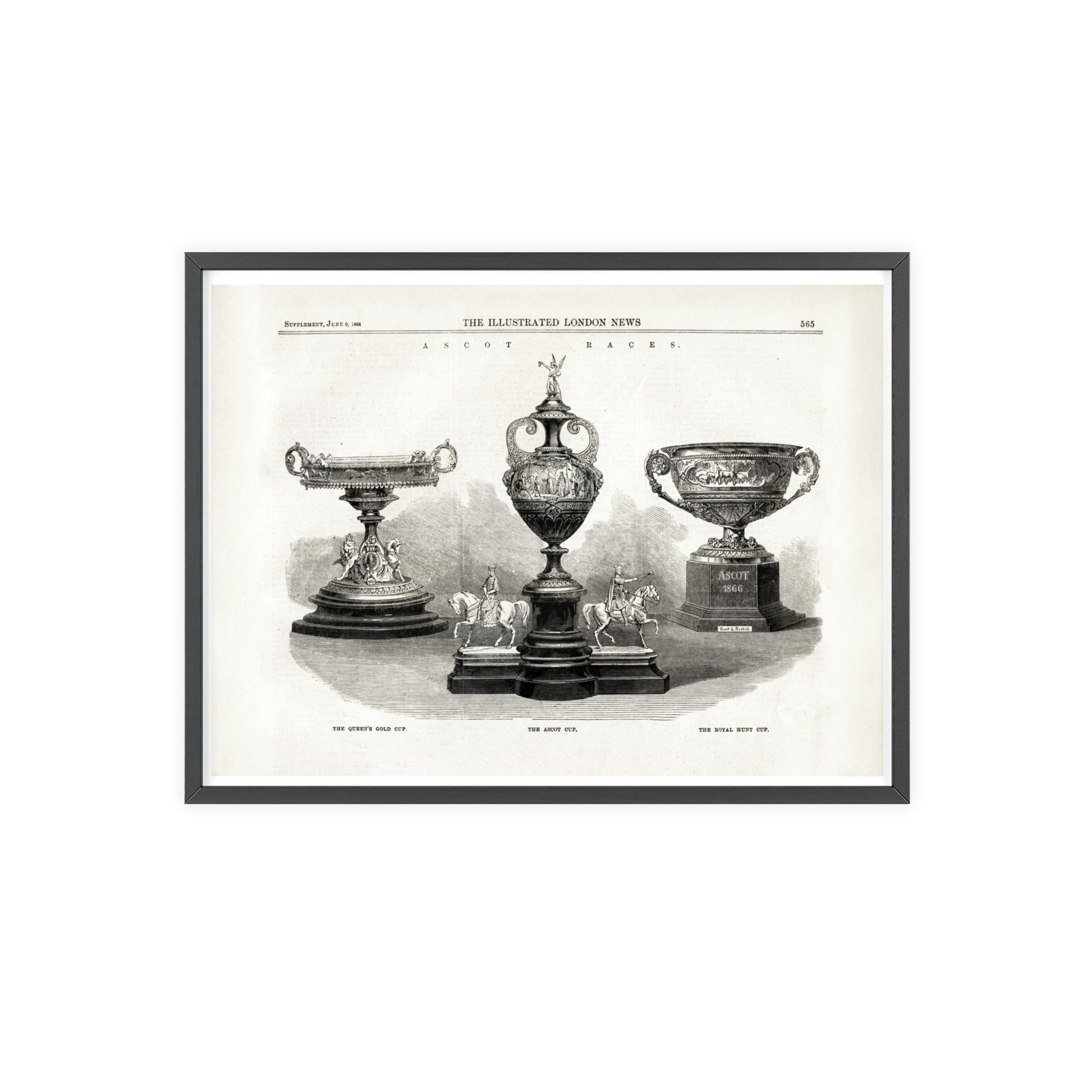 The ASCOT Races. Vintage Trophy Engraving Poster with Wooden Frame