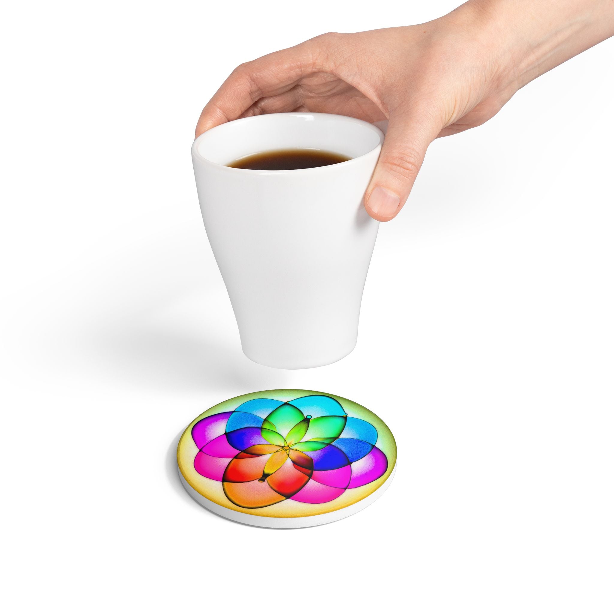 Colorful Mandala Ceramic Coaster — Vibrant Geometric Flower Drink Protector