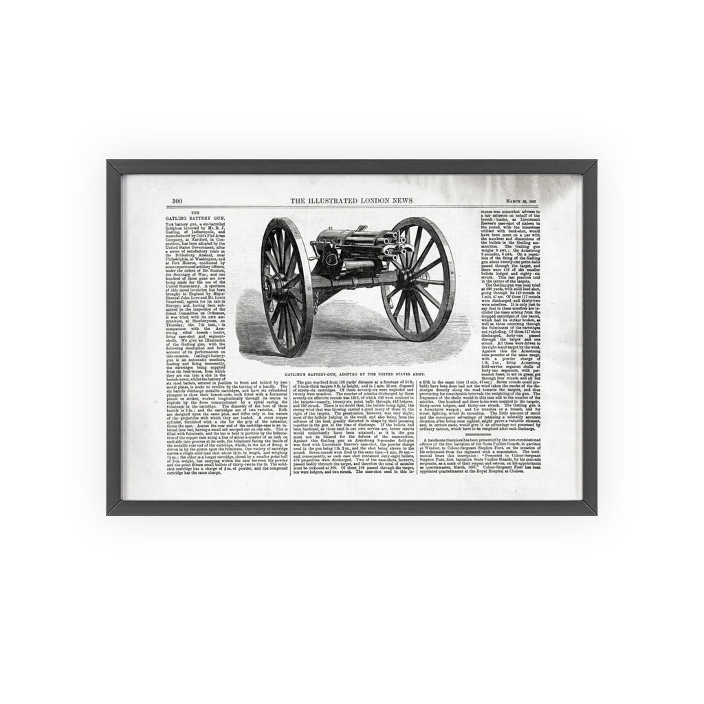 GATLING'S Battery-Gun, adopted by the United States Army. Vintage Cannon Patent Poster with Wooden Frame – Antique Engineering Print