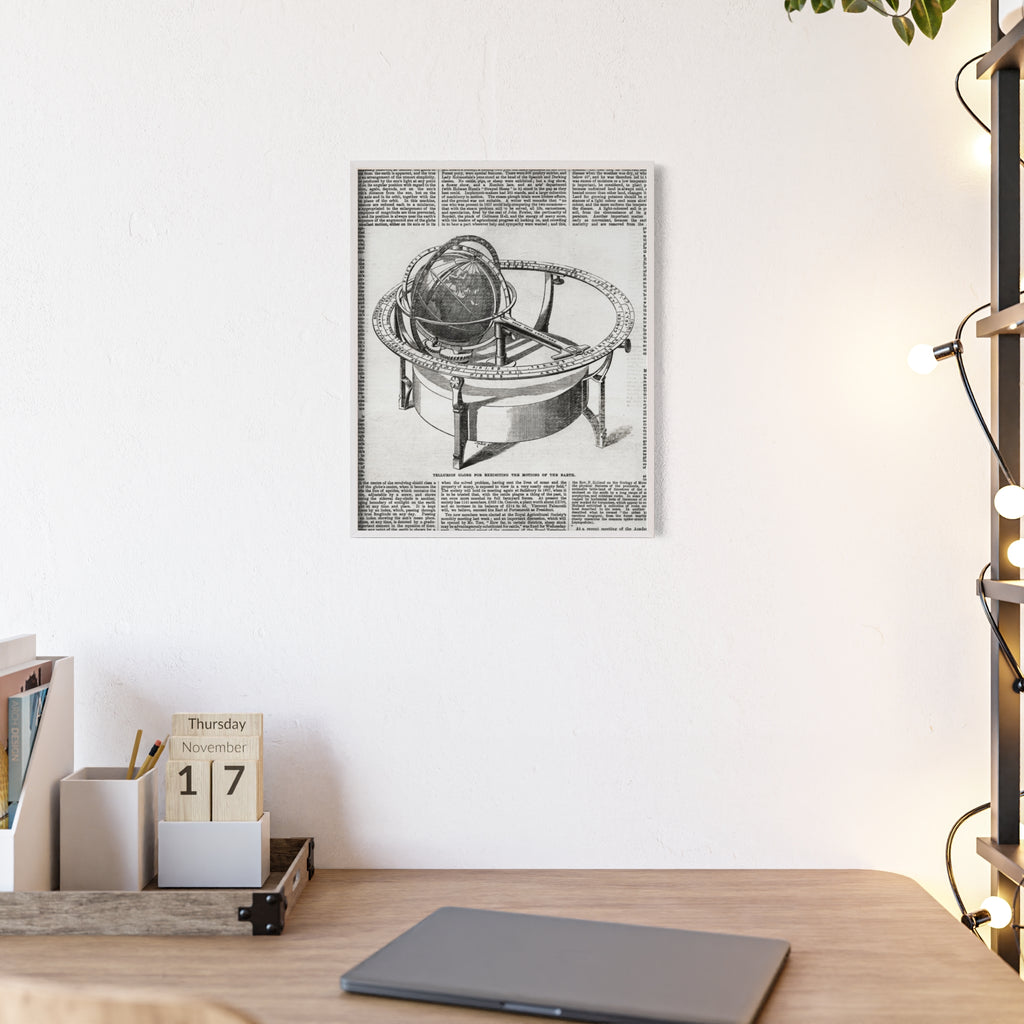 TELLURION GLOBE for Exhibiting the Motions of the Earth. Vintage Celestial Globe Poster with Wooden Frame — Antique Astronomy Wall Art