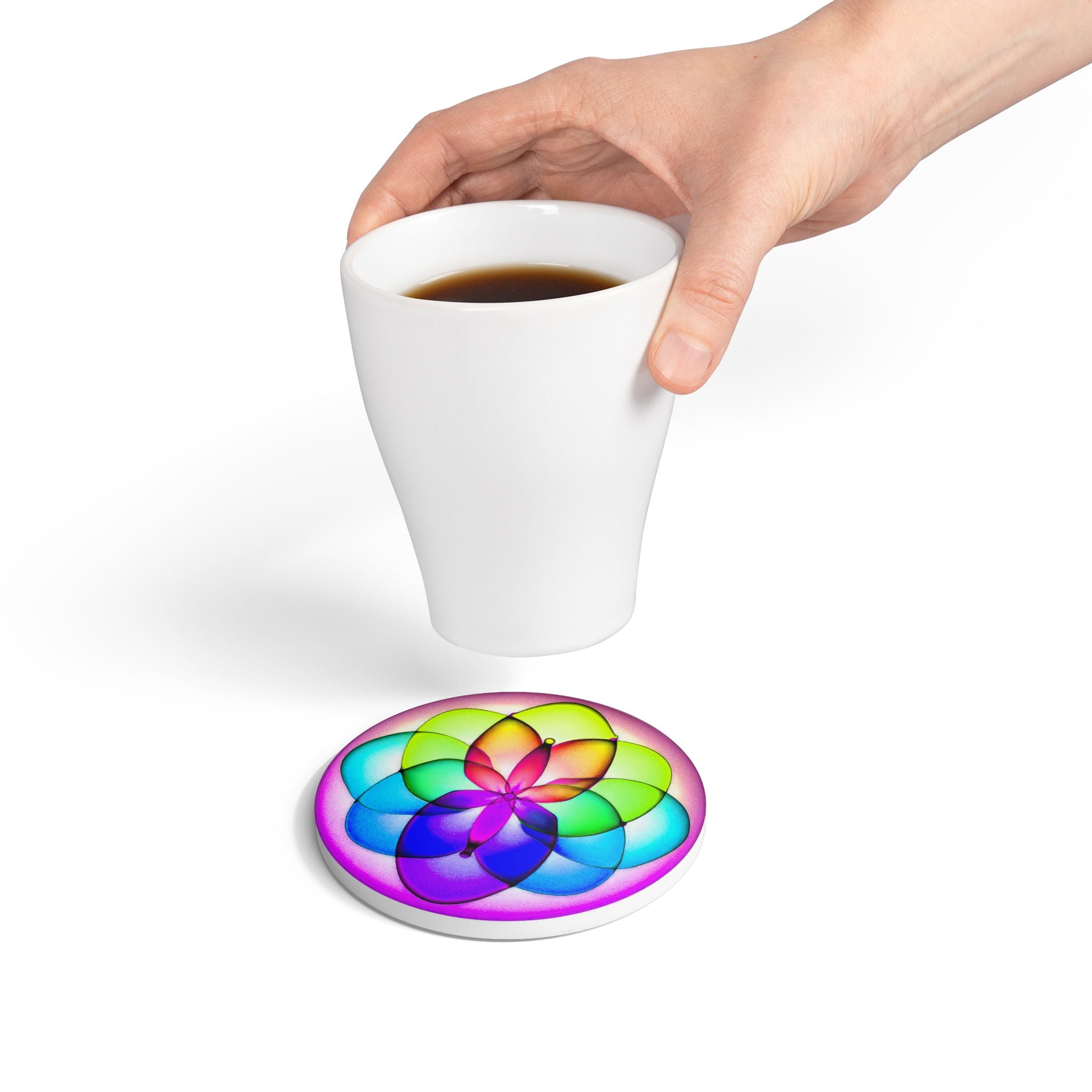 Rainbow Mandala Ceramic Coaster — Colorful Geometric Flower Drink Coaster