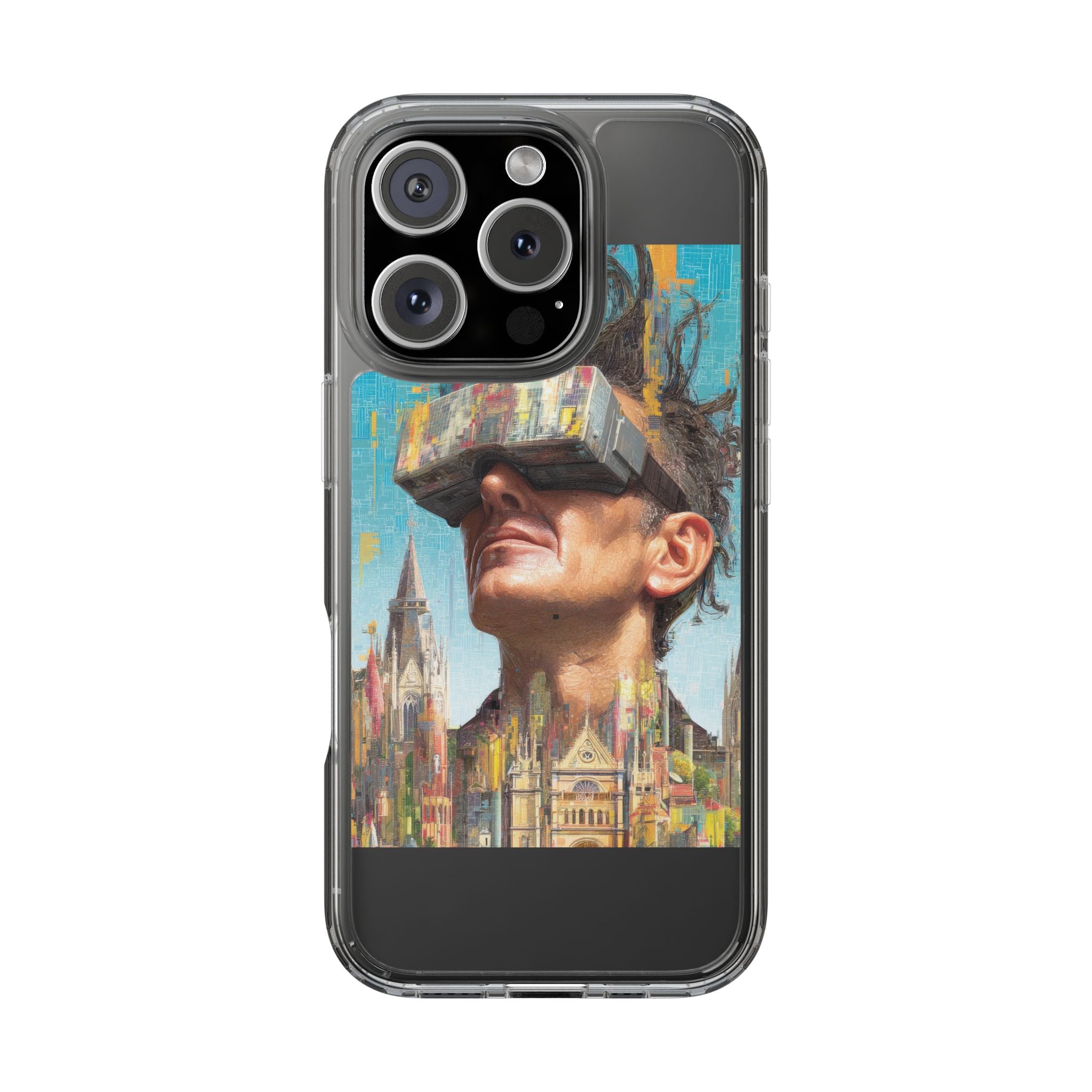 Clear Phone Case — Retro VR Cityscape Illustration