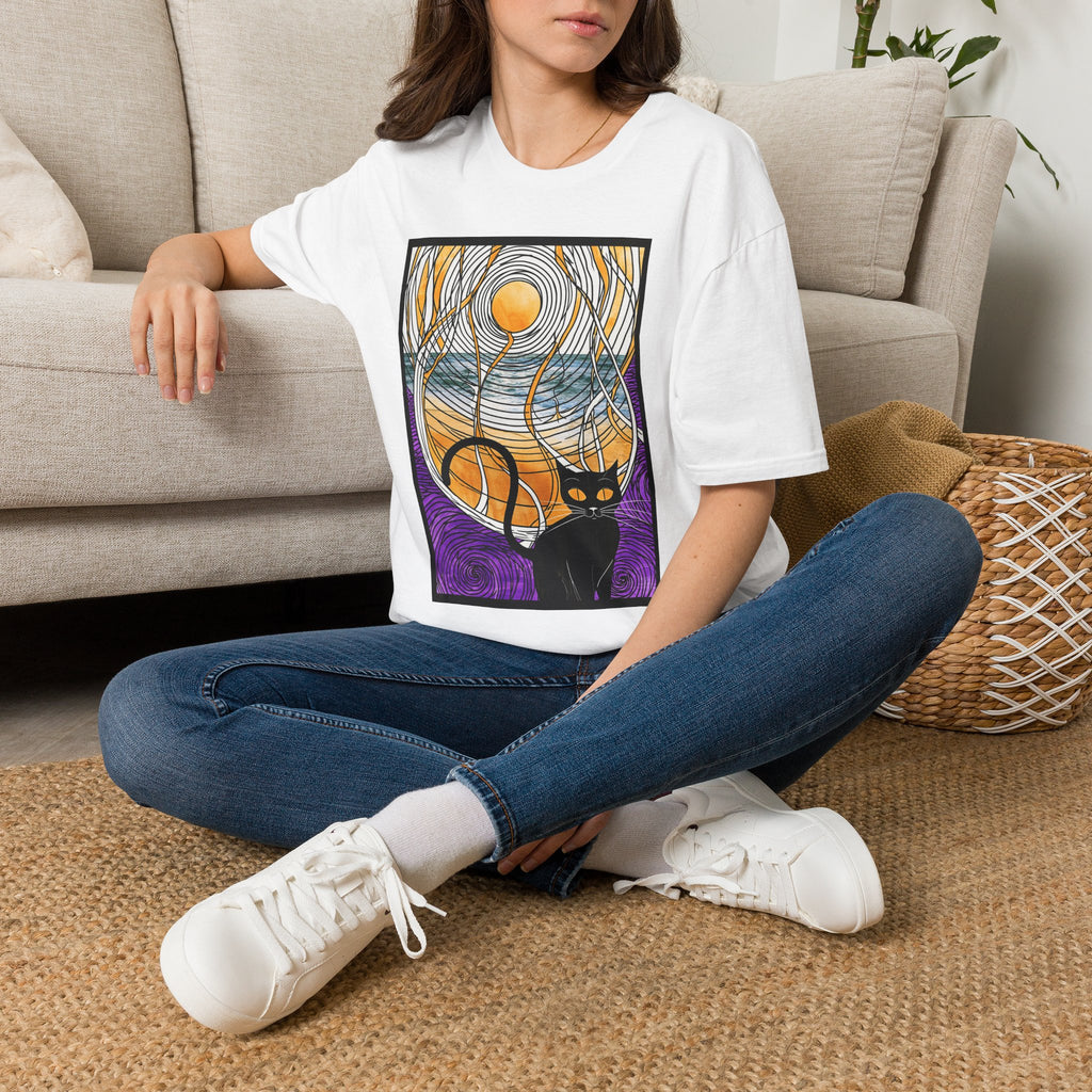 Sunlit Waves Art Tee — Black Cat & Golden Moon Graphic T-Shirt