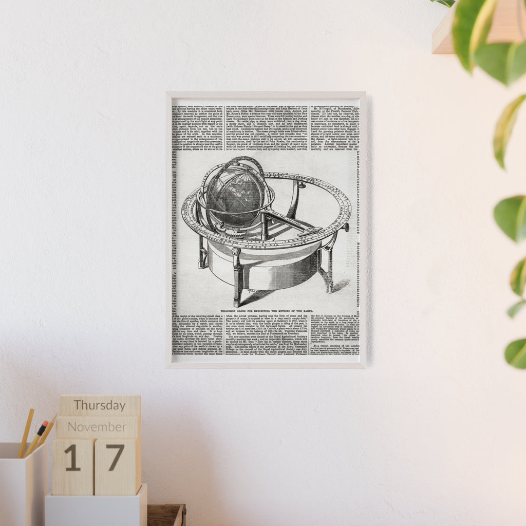 TELLURION GLOBE for Exhibiting the Motions of the Earth. Vintage Celestial Globe Poster with Wooden Frame — Antique Astronomy Wall Art