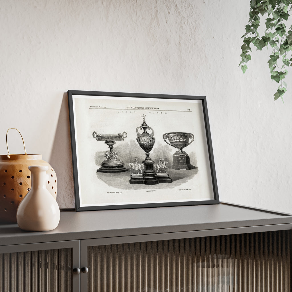 The ASCOT Races. Vintage Trophy Engraving Poster with Wooden Frame