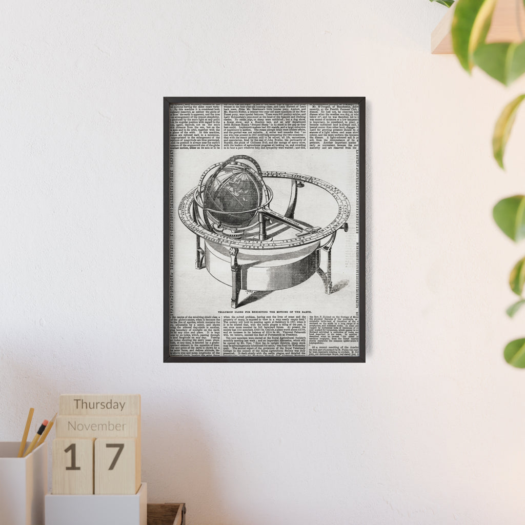 TELLURION GLOBE for Exhibiting the Motions of the Earth. Vintage Celestial Globe Poster with Wooden Frame — Antique Astronomy Wall Art