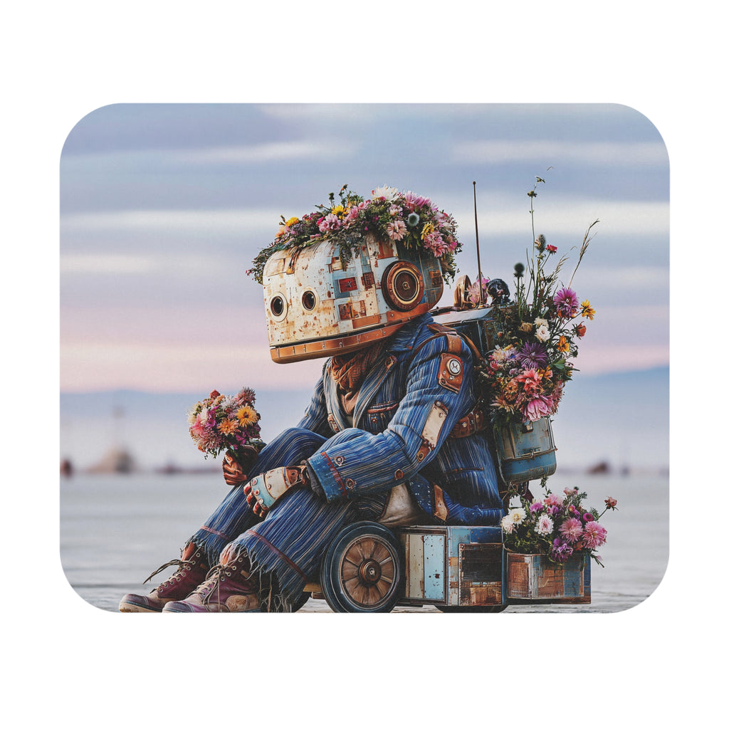 Retro Robot with Flowers Mouse Pad — Whimsical Sci‑Fi Desk Mat