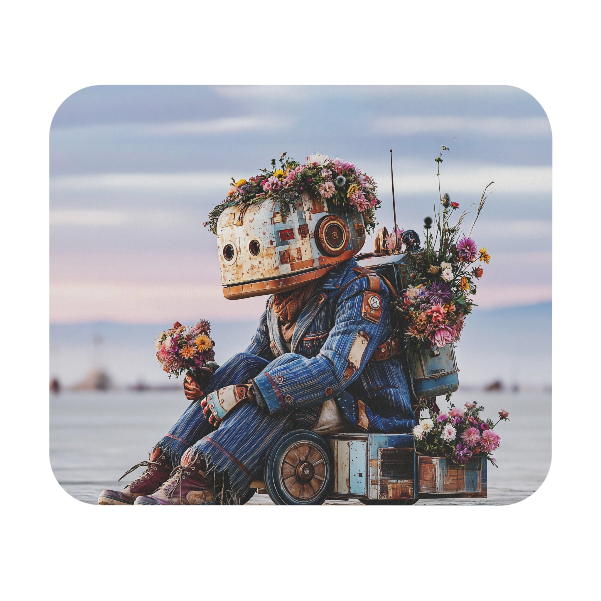 Retro Robot with Flowers Mouse Pad — Whimsical Sci‑Fi Desk Mat