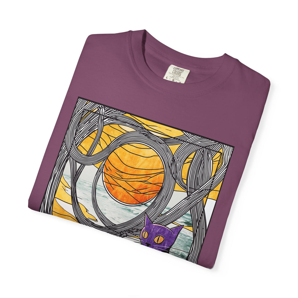 Cat Moon T-Shirt — Black Cat with Purple Mask & Sunset Stained-Glass Design