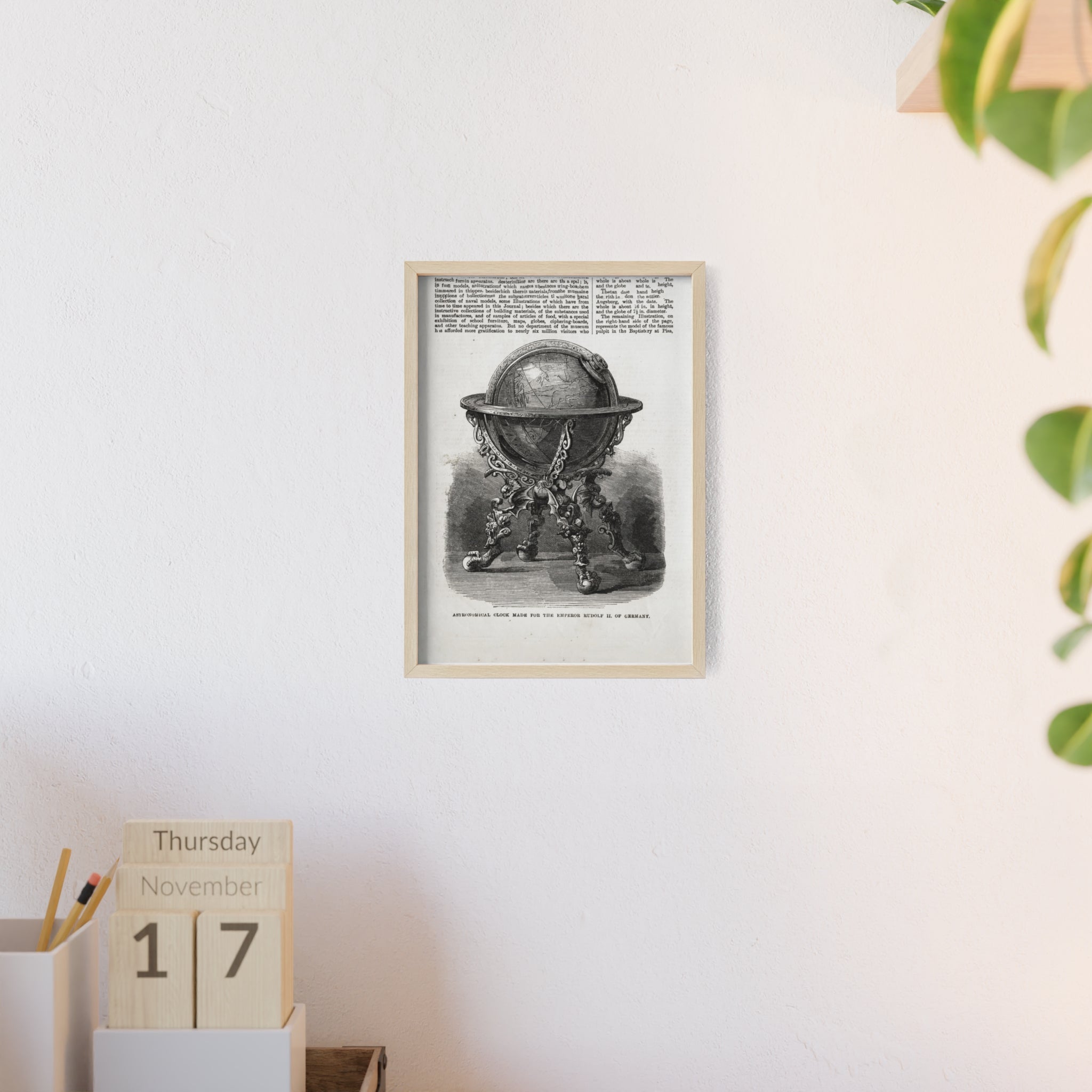 Astronomical Clock made for the Emperor RUDOLPH II, of Germany. Vintage Globe Illustration Poster with Wooden Frame — Antique Map Print