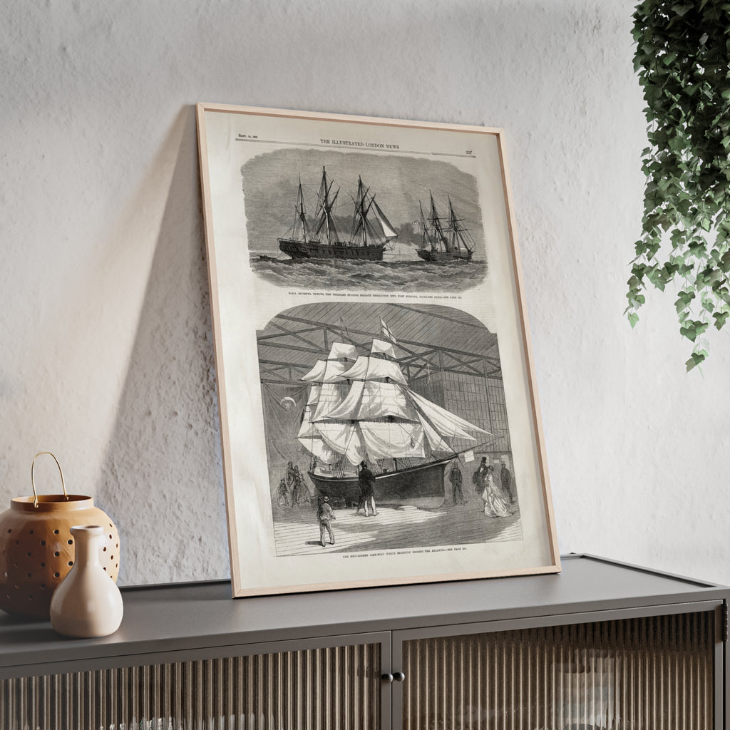 Vintage Nautical Ship Poster with Wooden Frame – Antique Sailing Print Wall Art