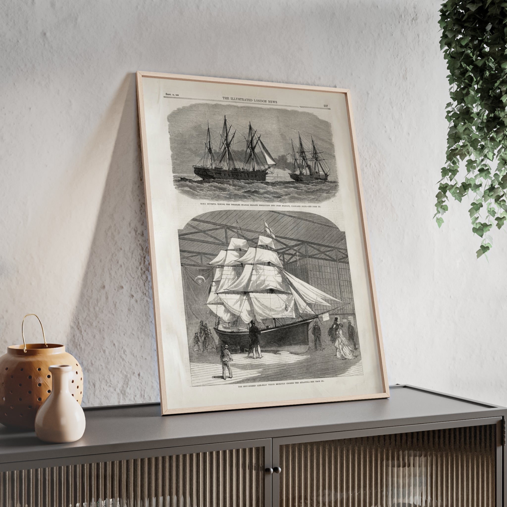 Vintage Nautical Ship Poster with Wooden Frame – Antique Sailing Print Wall Art