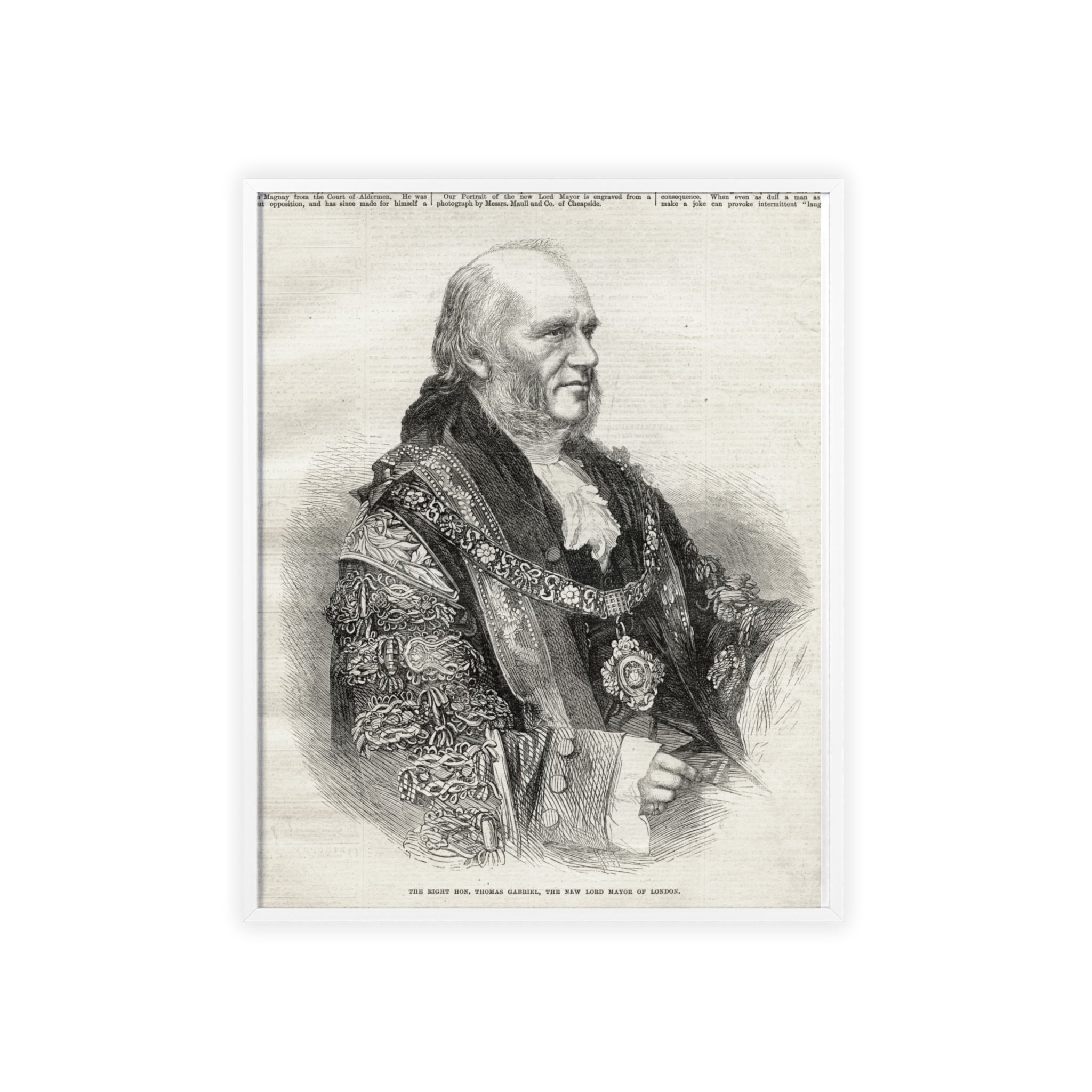 The Right Hon.Thomas Gabriel, the New Lord Mayor of London. Vintage Illustrated Statesman Poster with Black Wooden Frame
