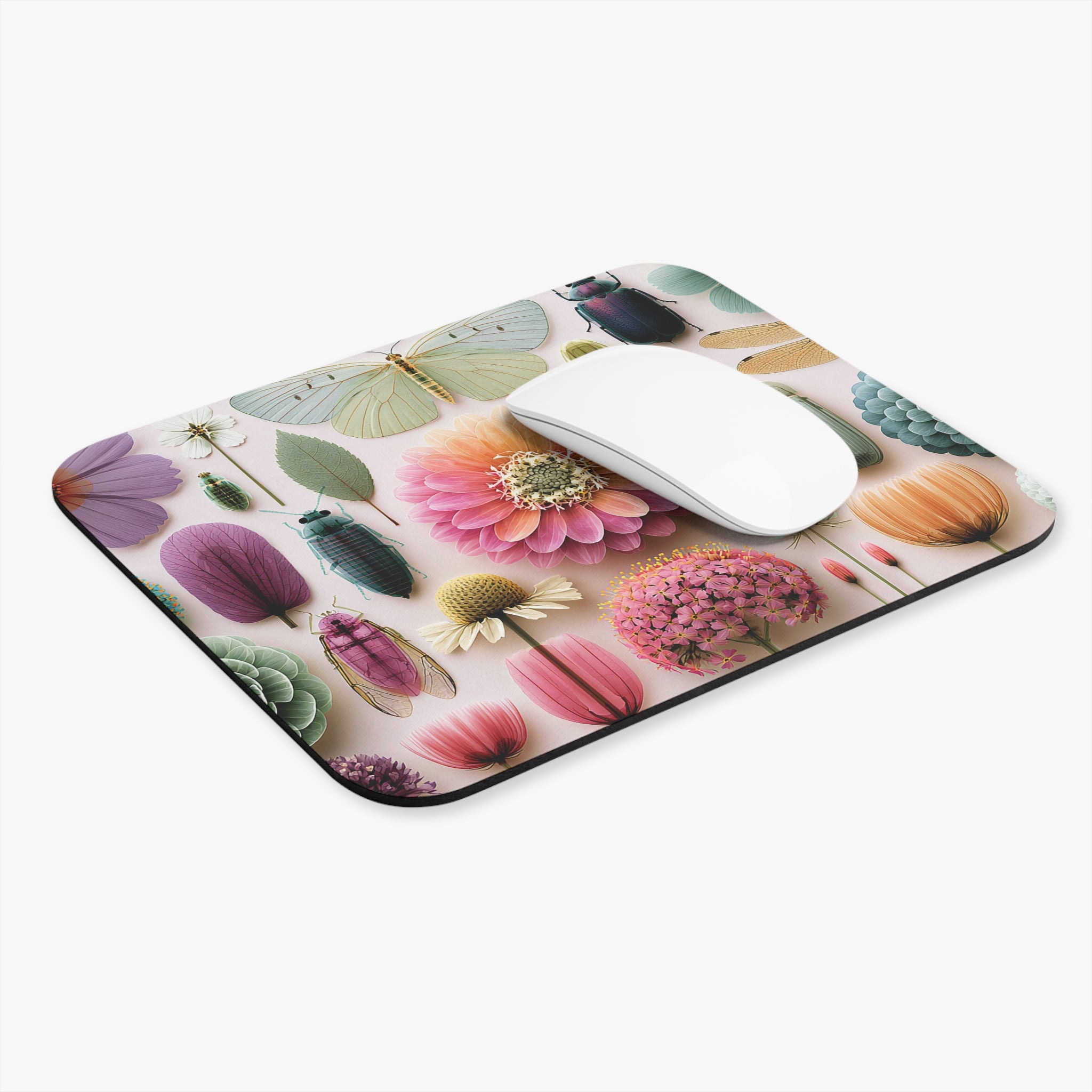 Floral & Beetle Decorative Mouse Pad — Pastel Garden Desk Mat