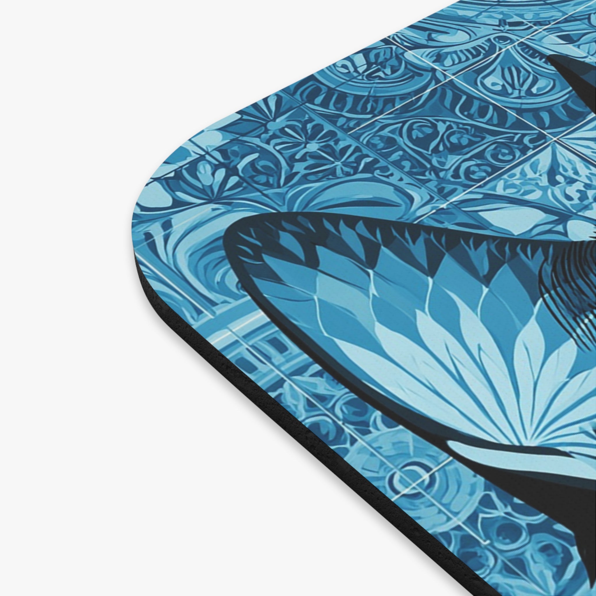 Blue Cat Scenic Rectangle Mouse Pad — Artistic Cityscape & Floral Design