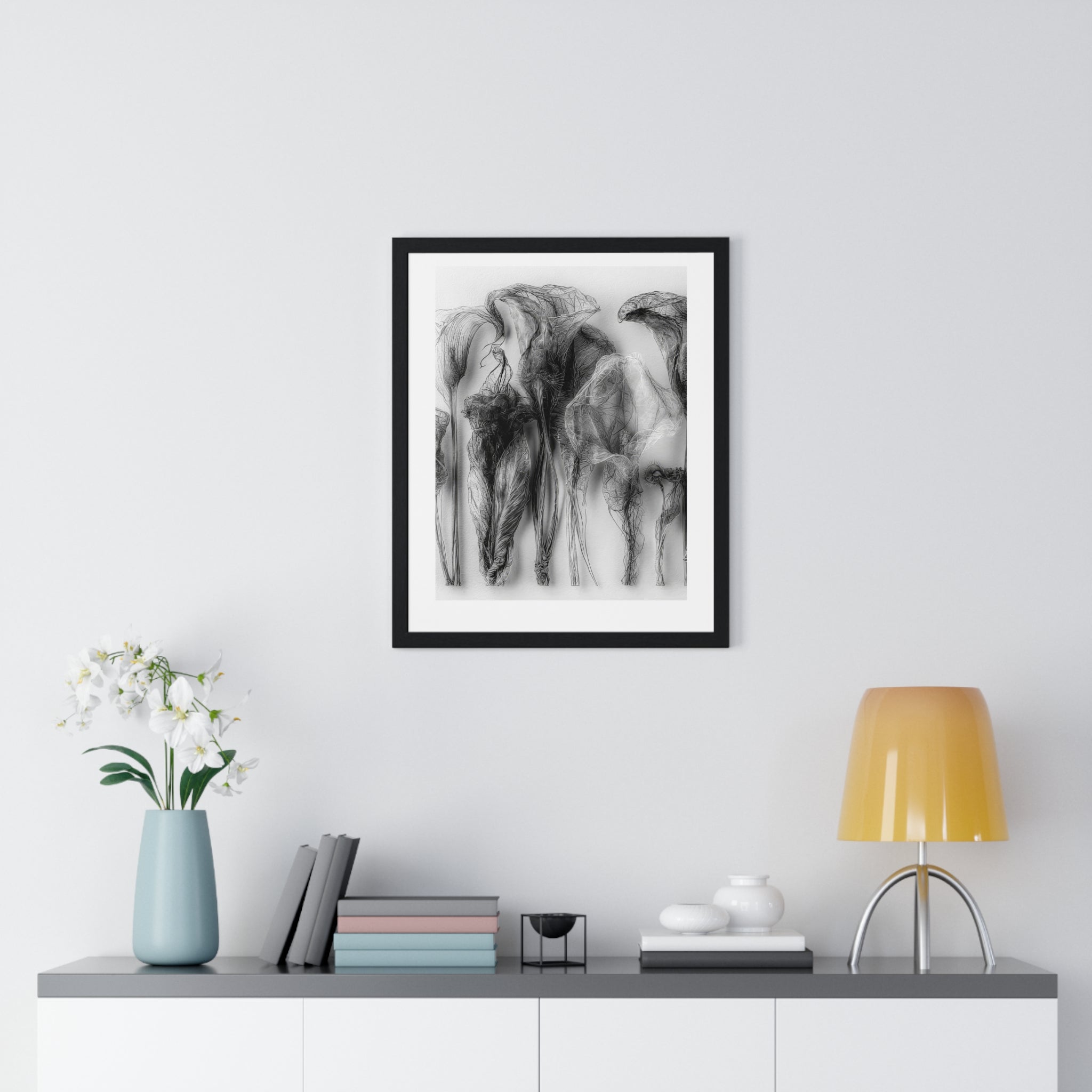 Abstract Smoke Floral Poster — Black & White Vertical Framed Art Print