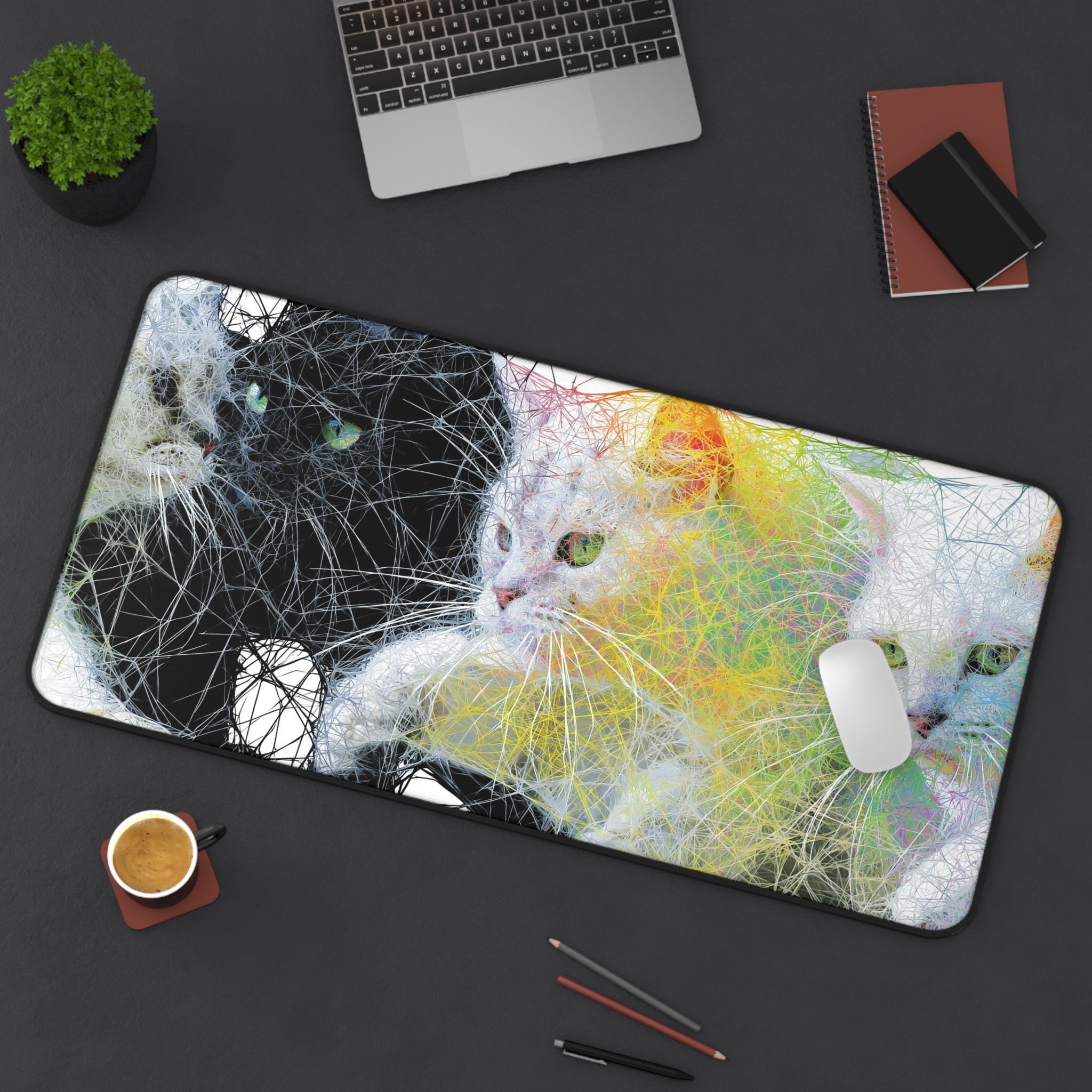 Cat Trio Abstract Art Desk Mat — Colorful Whisker Wave Mouse Pad