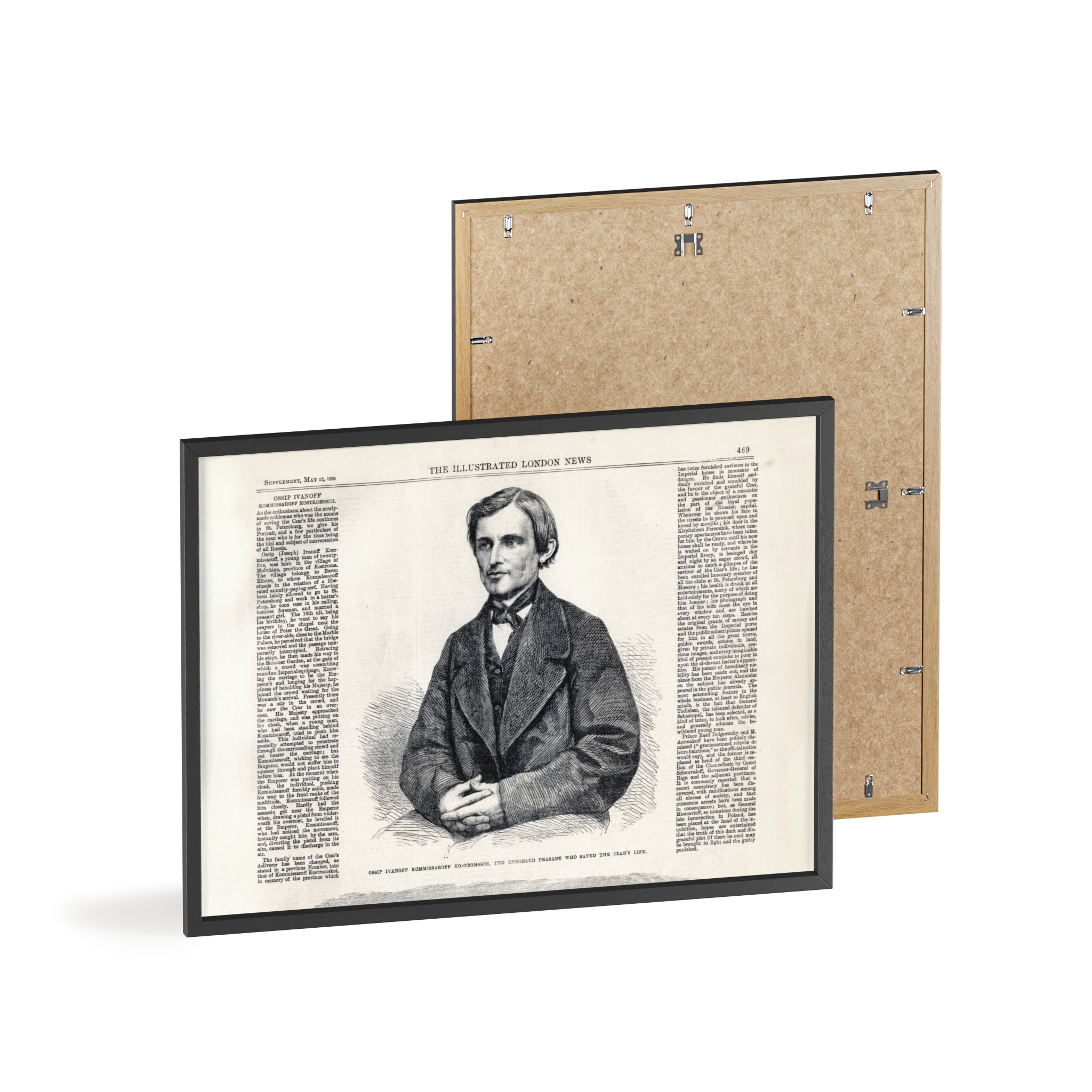 Portrait of Ossip Ivanoff the peasant who saved the Czar's Life. Vintage Newspaper Print Poster with Wooden Frame