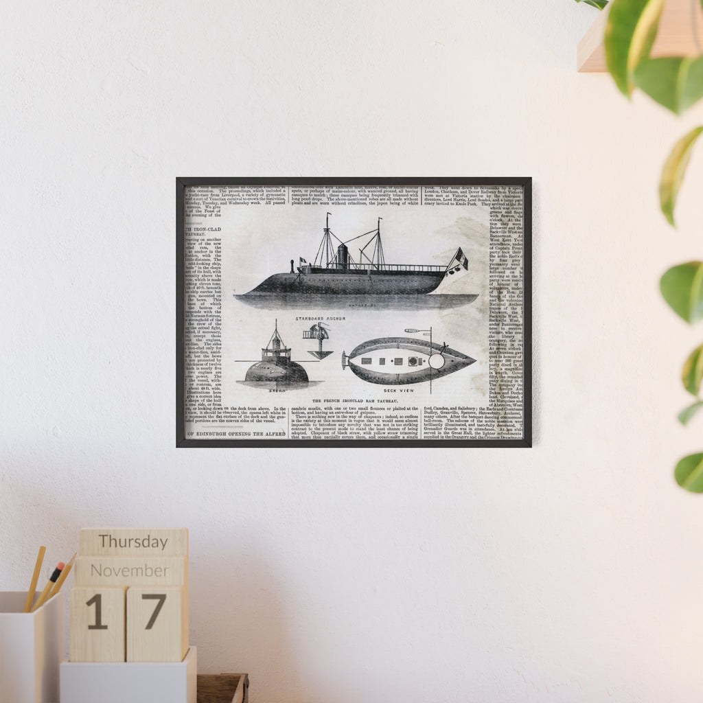 The French Ironclad RAM TAUREAU. Vintage Steamboat Patent Poster — Framed Nautical Wall Art