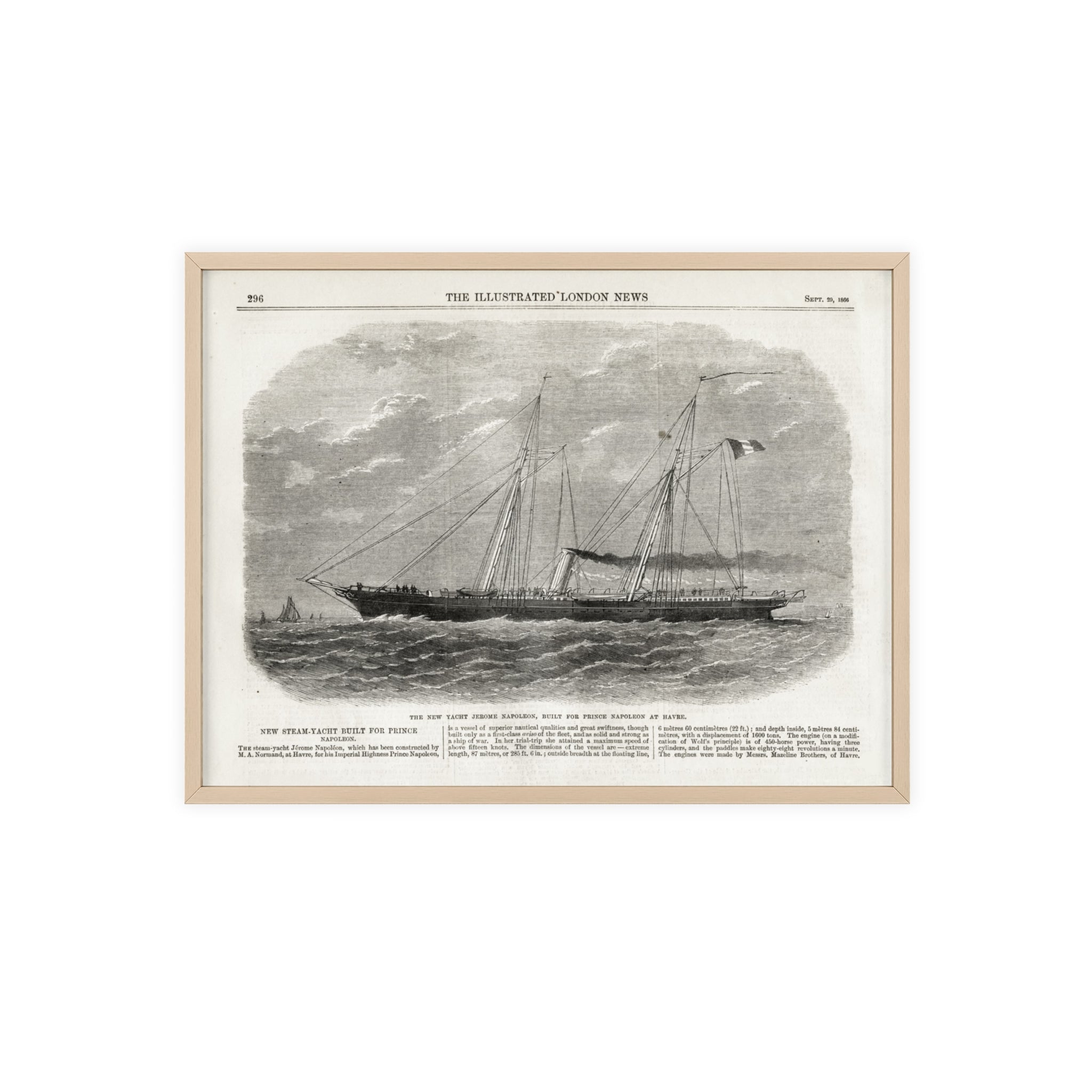 The New Yacht JEROME NAPOLEON, Built for Prince NAPOLEAN at Havre. Framed Vintage Ship Print Poster — Nautical Wall Art with Wooden Frame