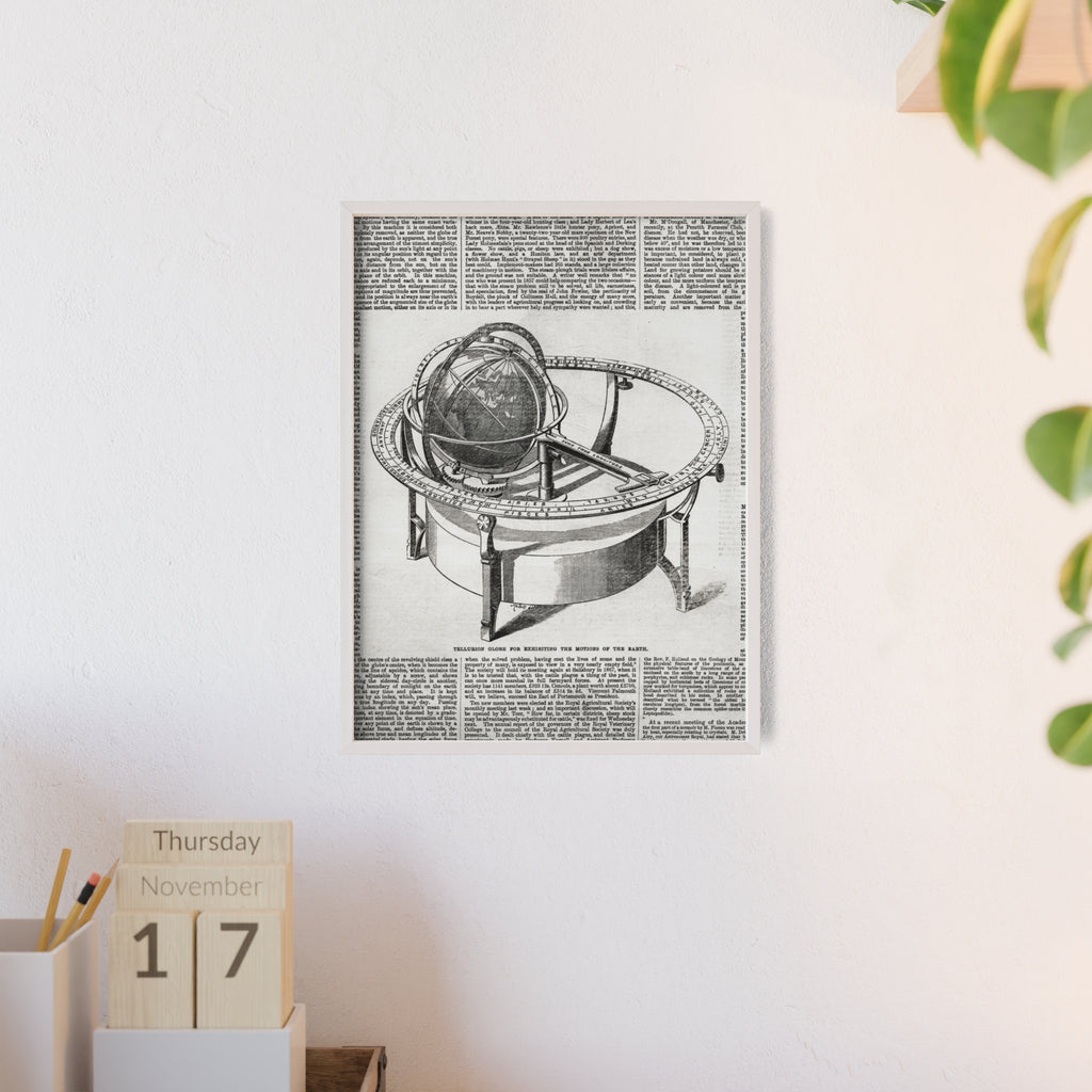 TELLURION GLOBE for Exhibiting the Motions of the Earth. Vintage Celestial Globe Poster with Wooden Frame — Antique Astronomy Wall Art