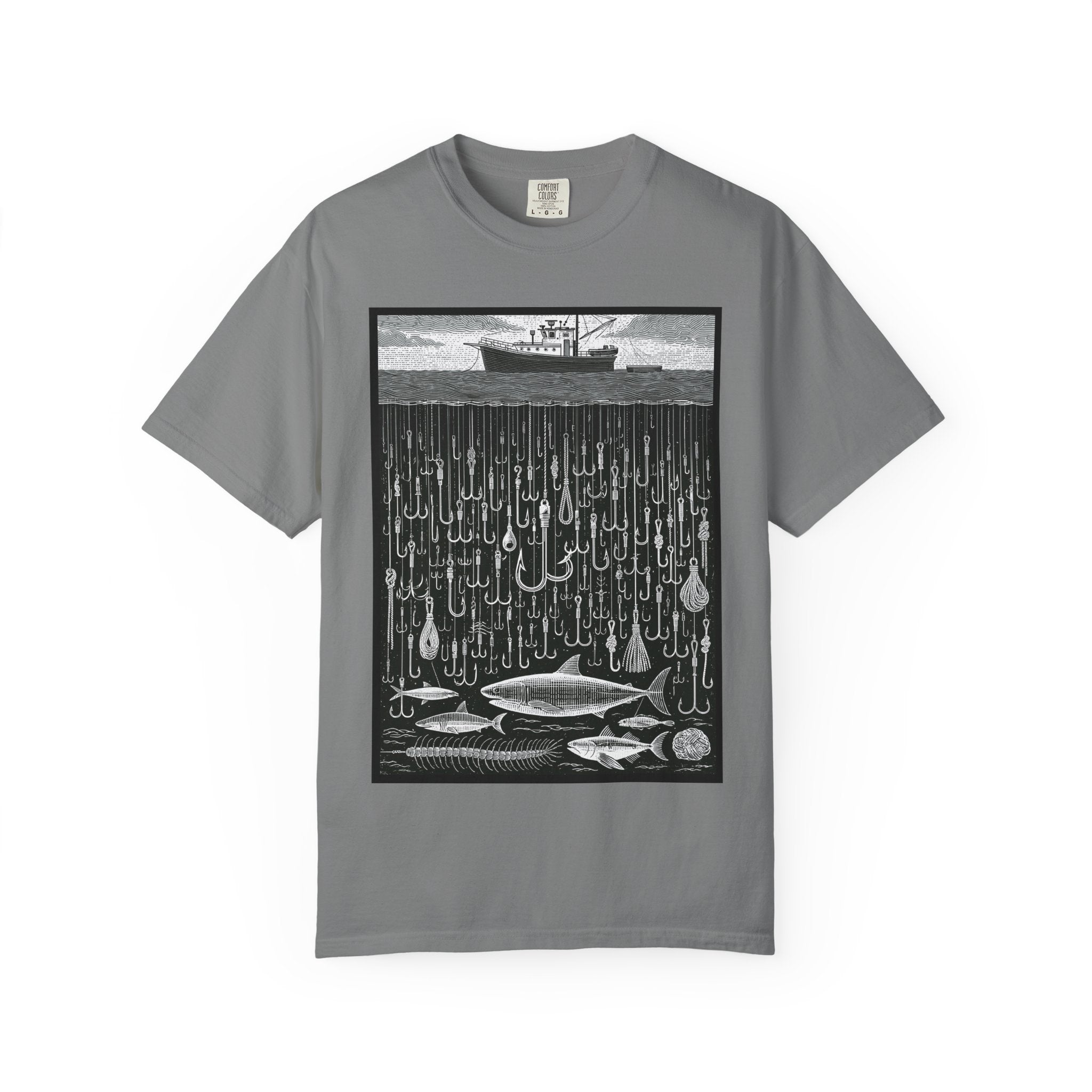 Fishing Boat & Hooks Graphic T-Shirt — Ocean Conservation Art Tee