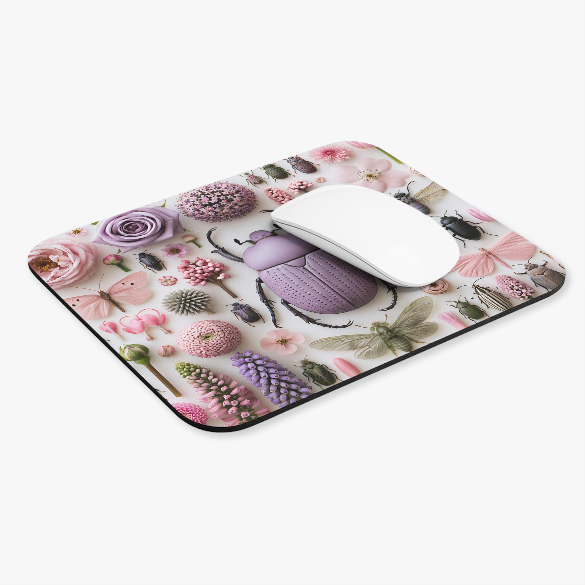 Floral Bug Collage Mouse Pad — Pastel Insect & Rose Desk Mat