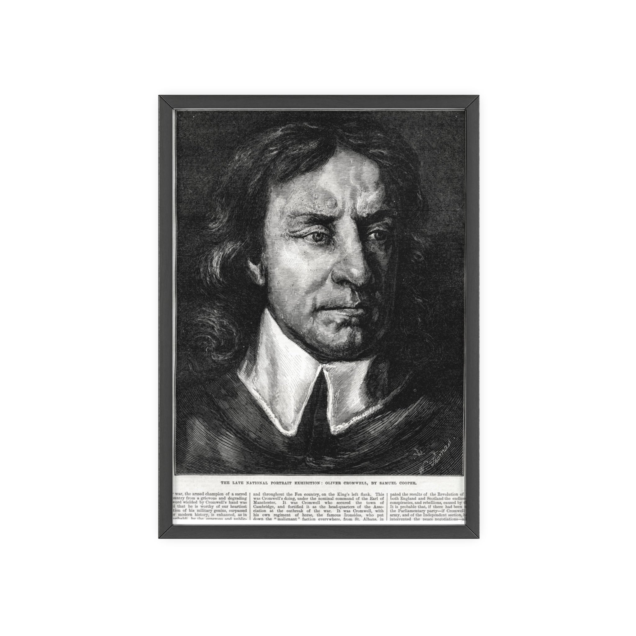 OLIVER CROMWELL. Historical Portrait Poster with Wooden Frame — Vintage Chalk-Style Print
