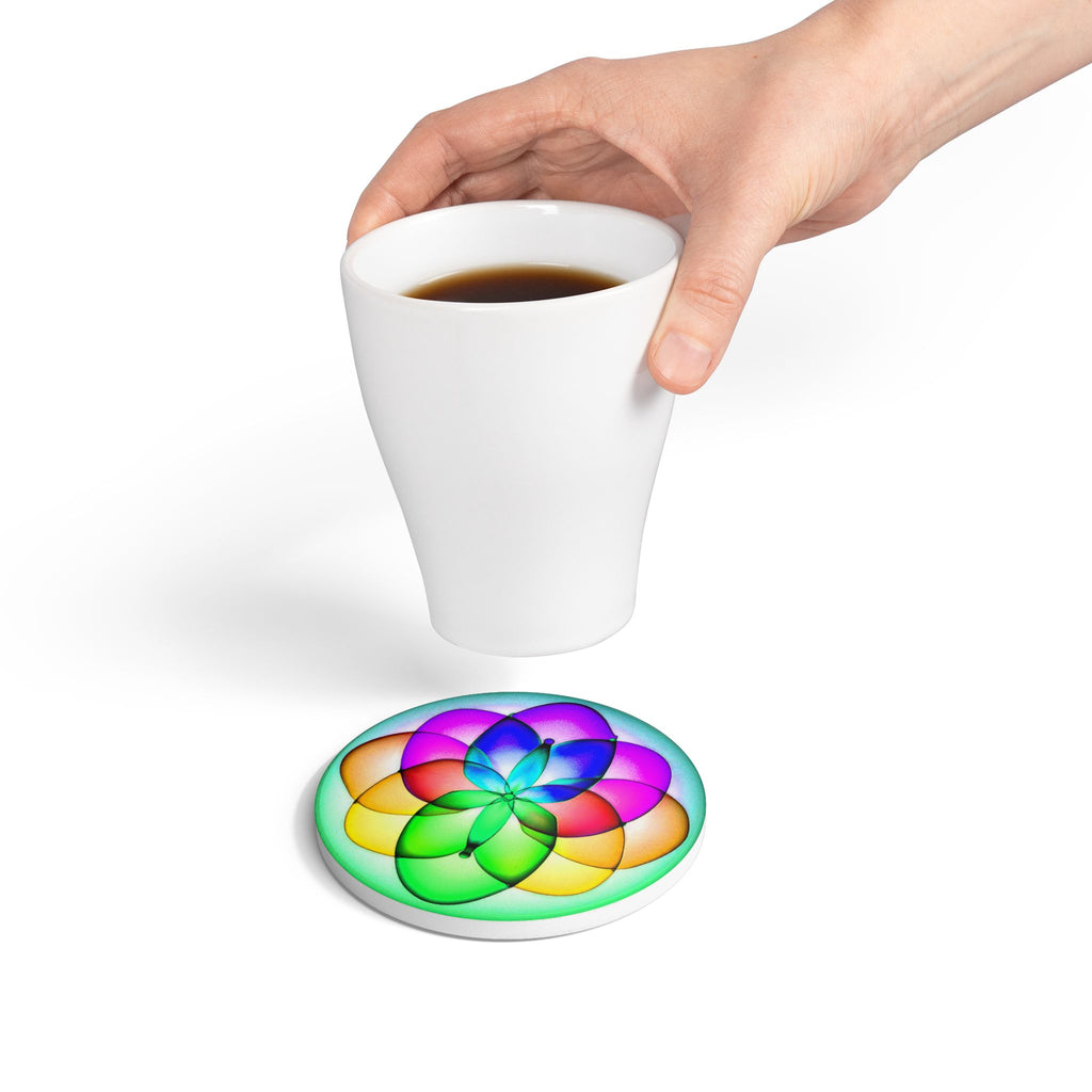 Rainbow Geometric Flower Ceramic Coaster – Colorful Mandala Drink Protector