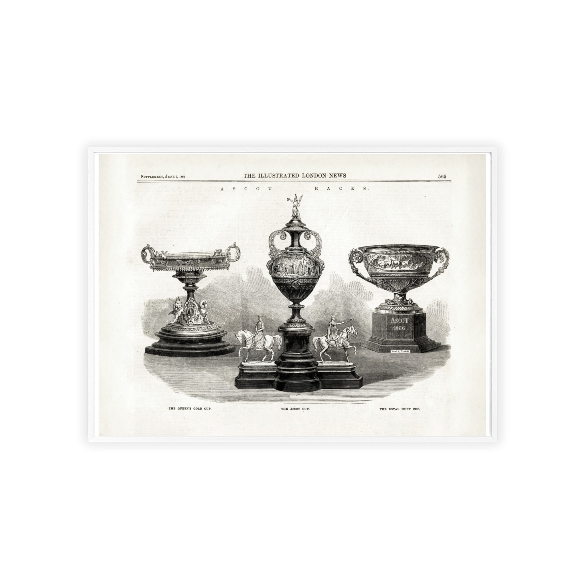 The ASCOT Races. Vintage Trophy Engraving Poster with Wooden Frame