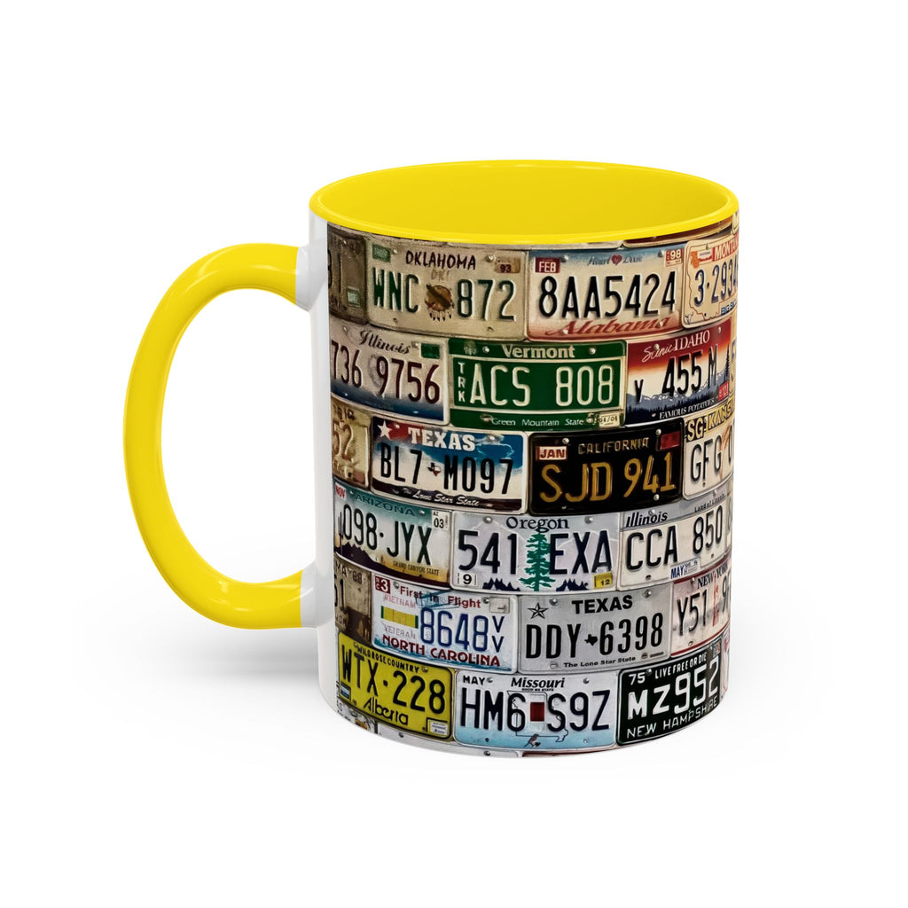 License Plate Collage Coffee Mug — Route 66, Vintage Road Trip Accent Mug