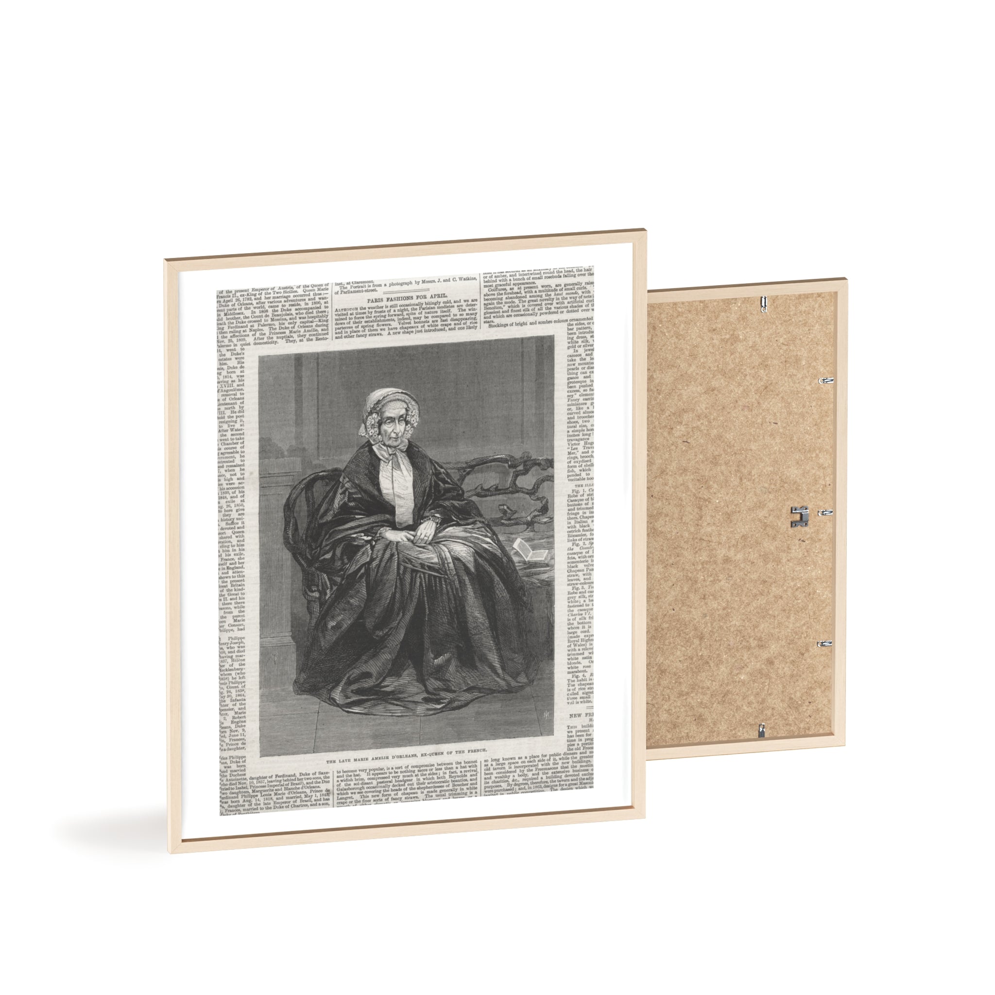 The Late Marie Amelie D'Orleans, Ex-Queen of the French. Vintage Portrait Newspaper Art Poster with Black Wooden Frame