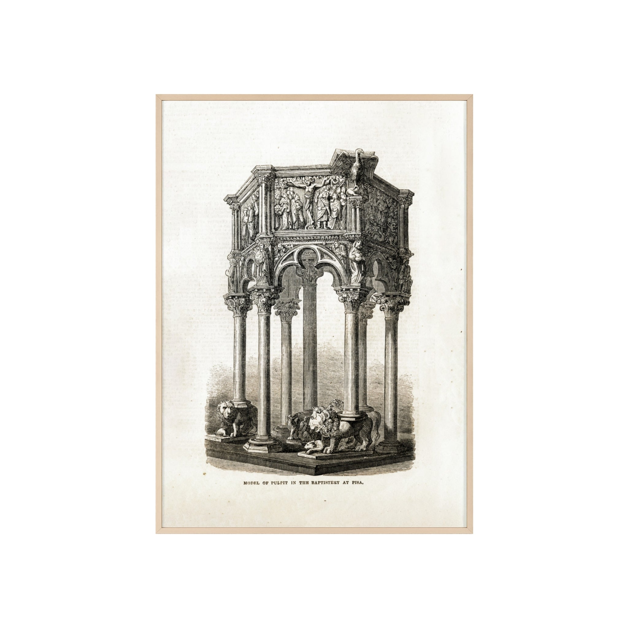 Model of Pulpit in the Baptistery at PISA. Antique Architectural Print Poster — Gothic Baptistery Illustration in Wooden Frame
