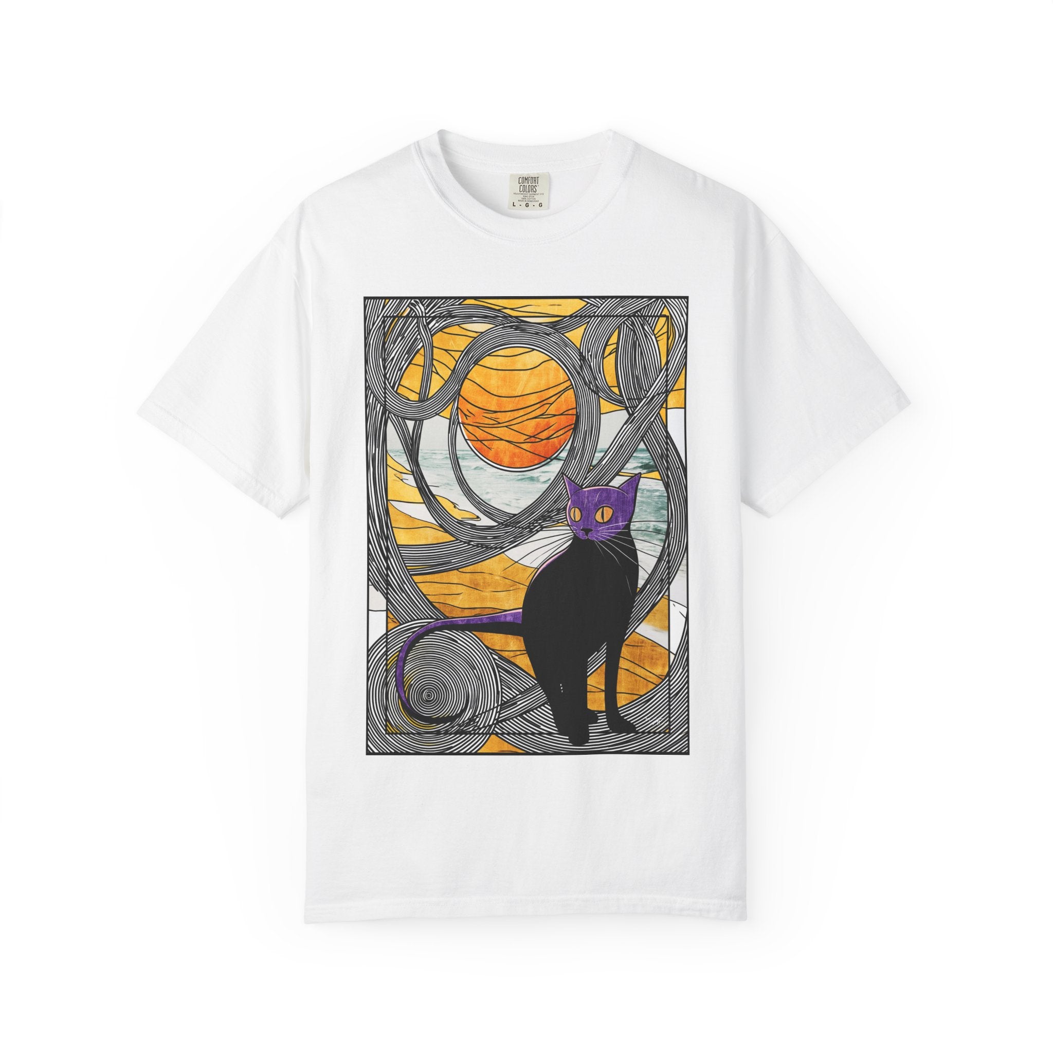 Cat Moon T-Shirt — Black Cat with Purple Mask & Sunset Stained-Glass Design