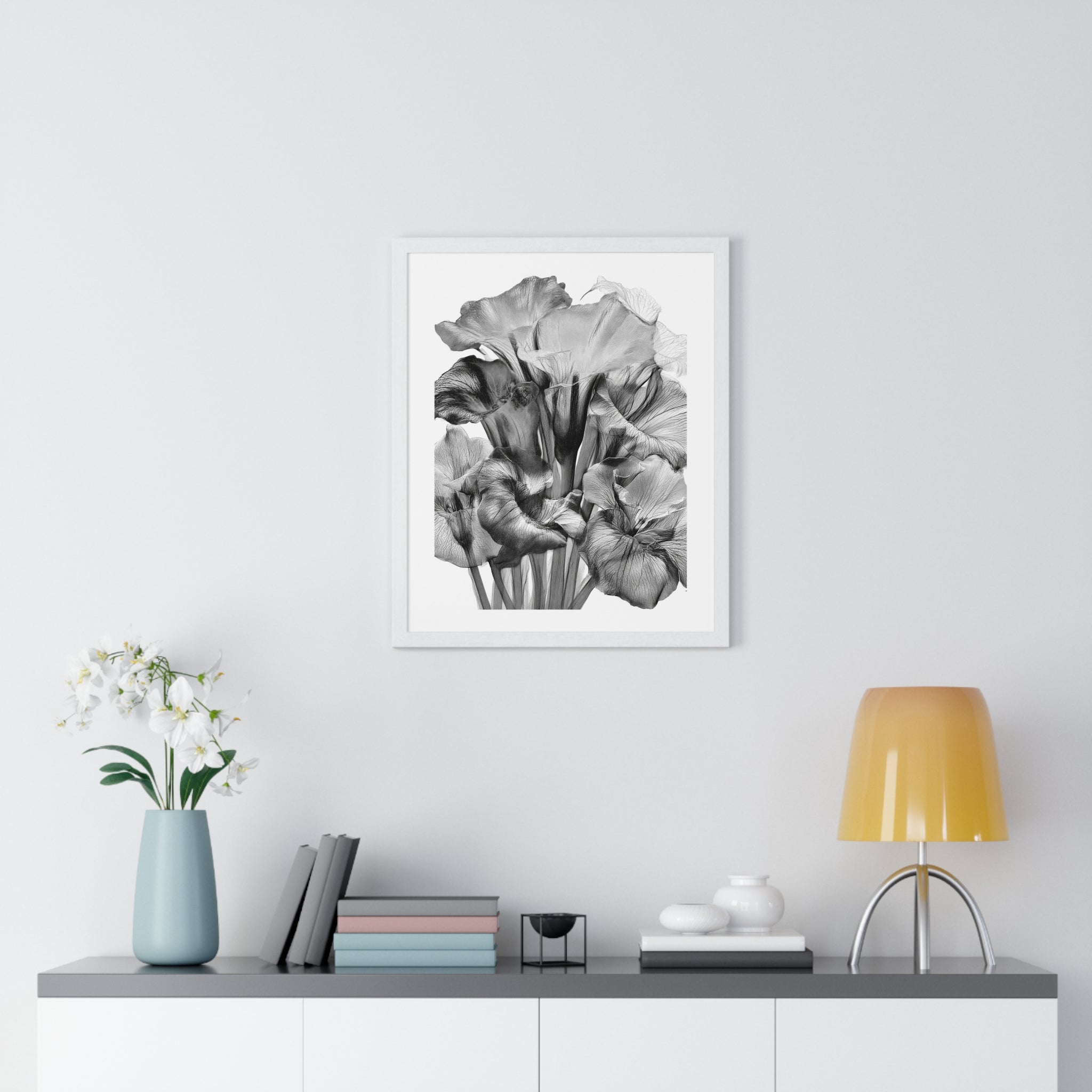 Monochrome Iris Floral Poster — Vertical Framed Wall Art