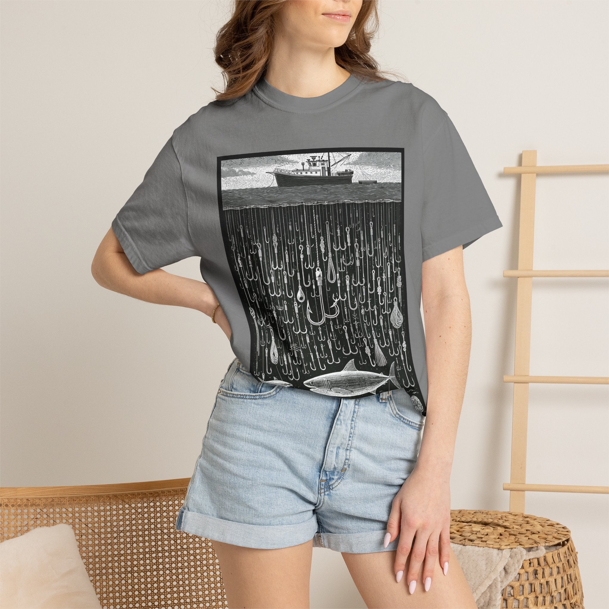 Fishing Boat & Hooks Graphic T-Shirt — Ocean Conservation Art Tee