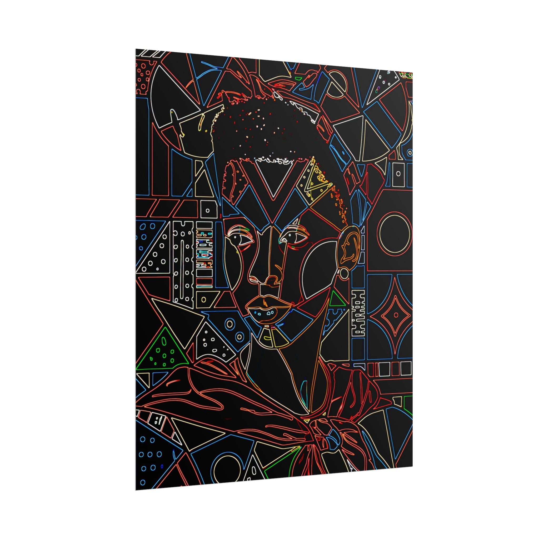 Neon Line Art Portrait Poster — Afro Futurism Geometric Wall Art (Rolled)