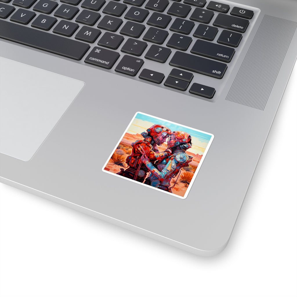 Square Sticker — Retro Futuristic Robots Embrace (Colorful Sci‑Fi Art)